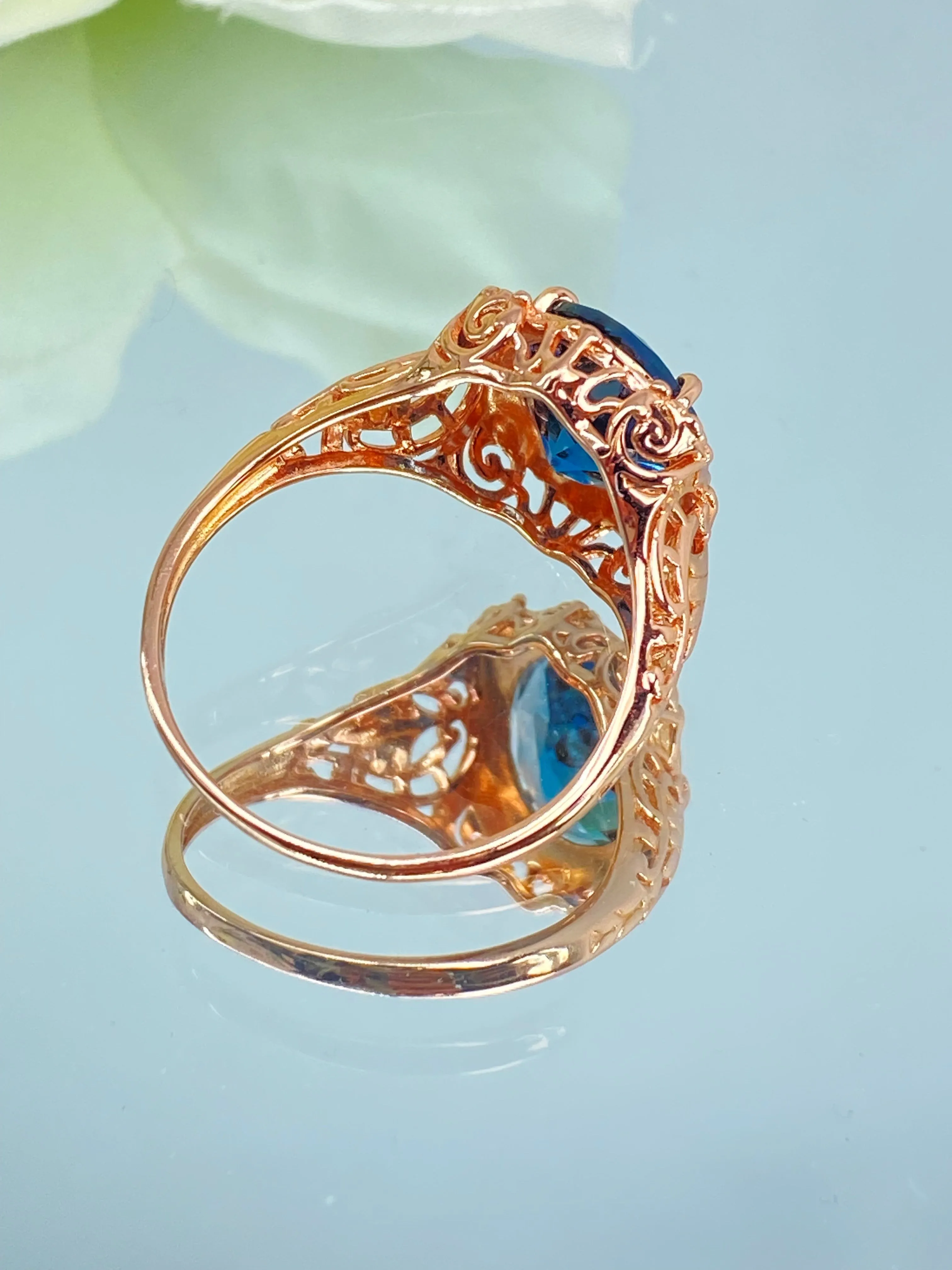Natural Topaz Ring, Beauty Ring, London Blue Natural Gemstone, Rose Gold plated Filigree Ring, D229