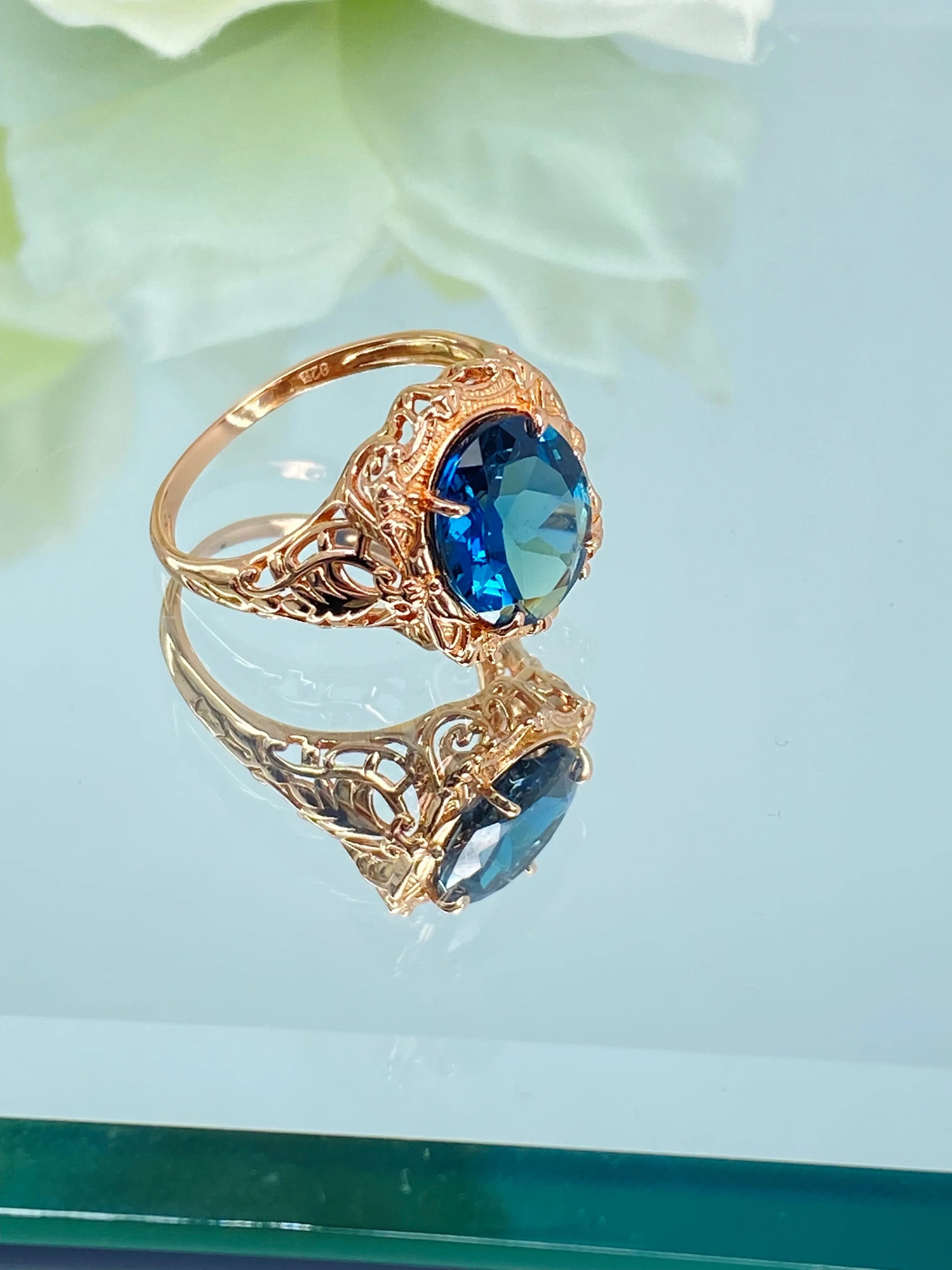 Natural Topaz Ring, Beauty Ring, London Blue Natural Gemstone, Rose Gold plated Filigree Ring, D229