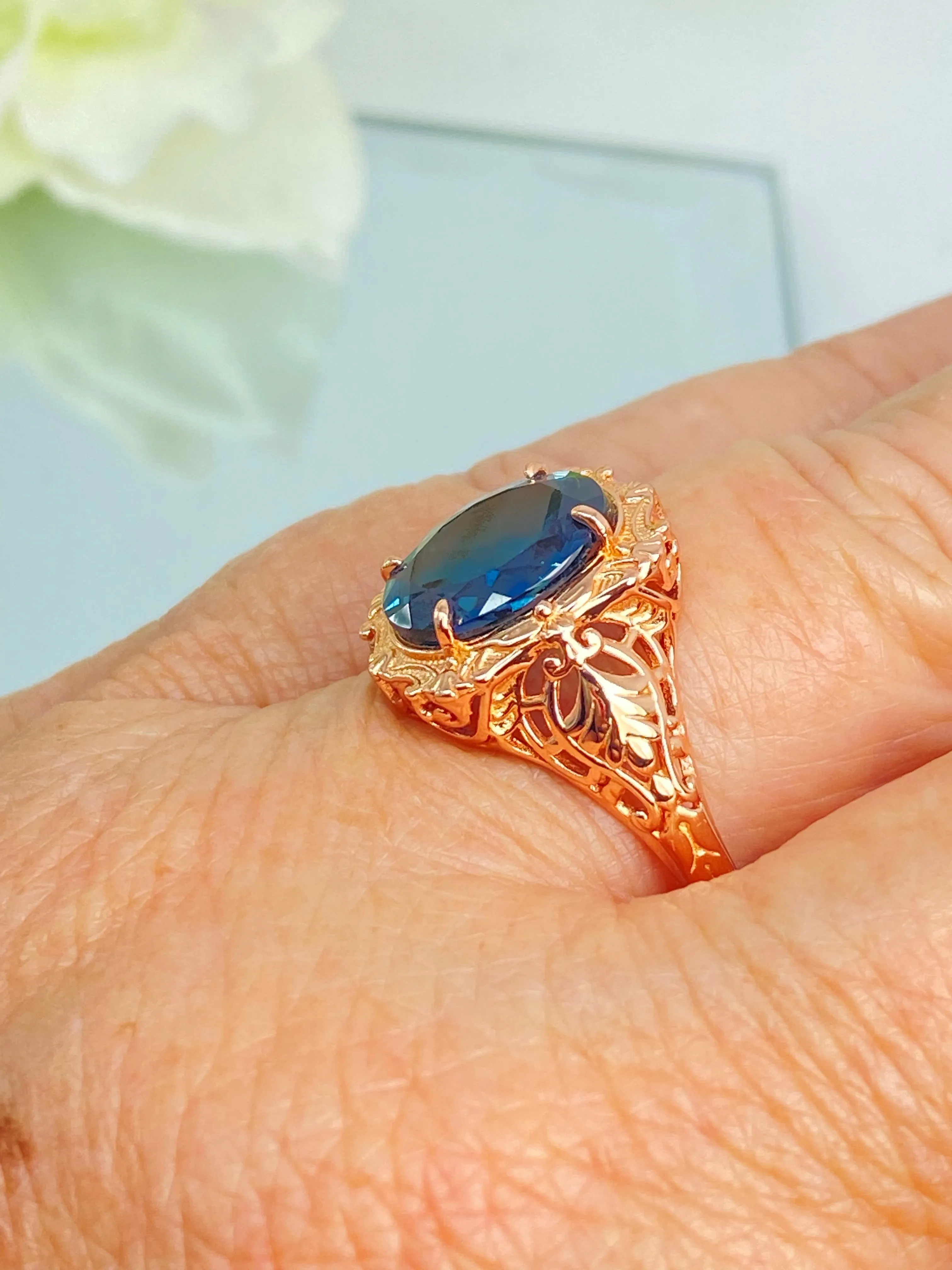 Natural Topaz Ring, Beauty Ring, London Blue Natural Gemstone, Rose Gold plated Filigree Ring, D229