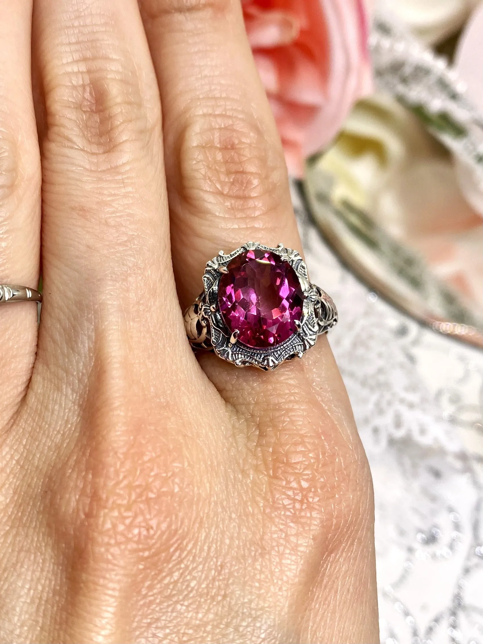 Natural Topaz Ring, Beauty Ring, Pink Natural Gemstone, Oval Art Nouveau Filigree Ring, D229