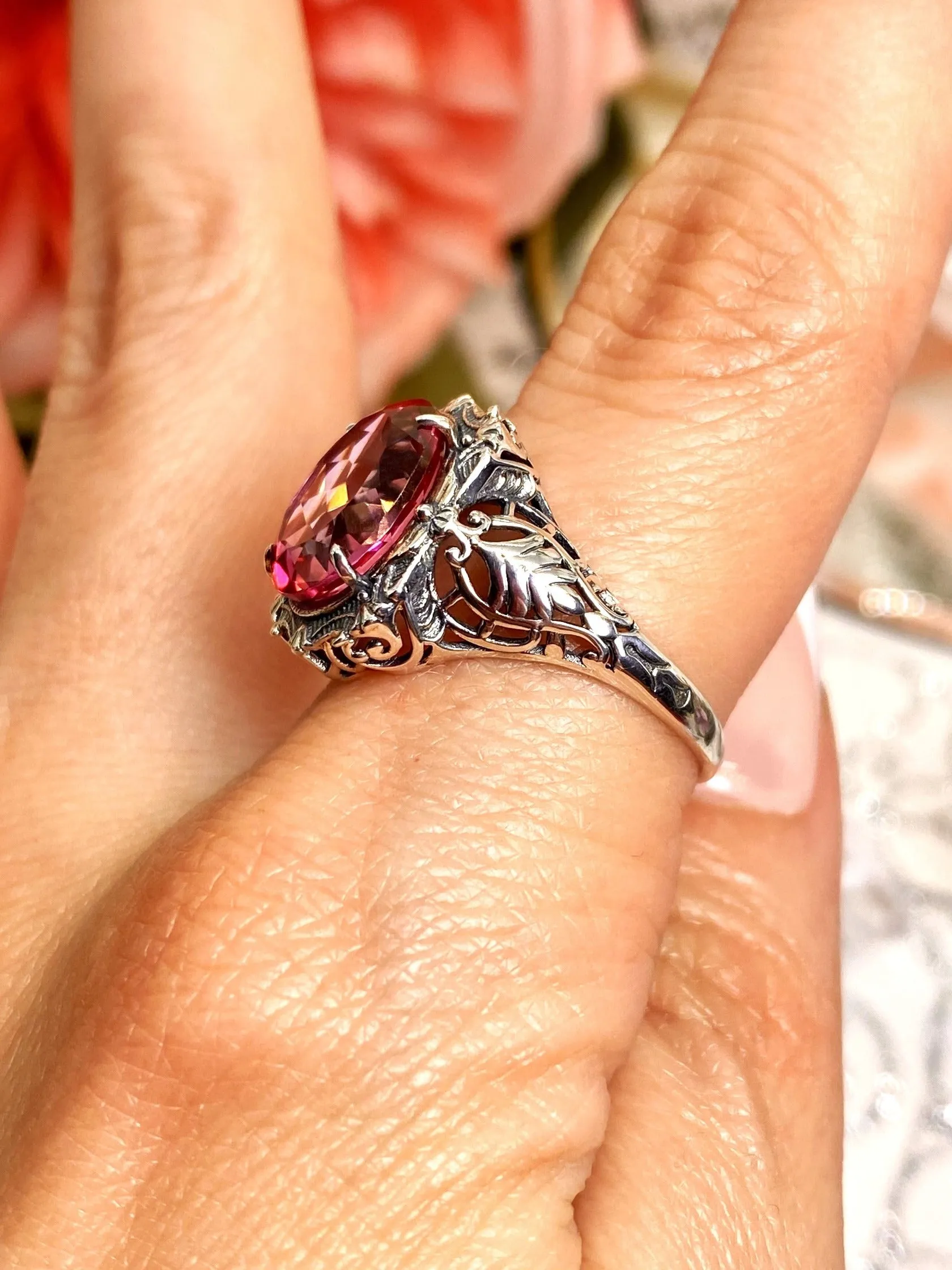 Natural Topaz Ring, Beauty Ring, Pink Natural Gemstone, Oval Art Nouveau Filigree Ring, D229