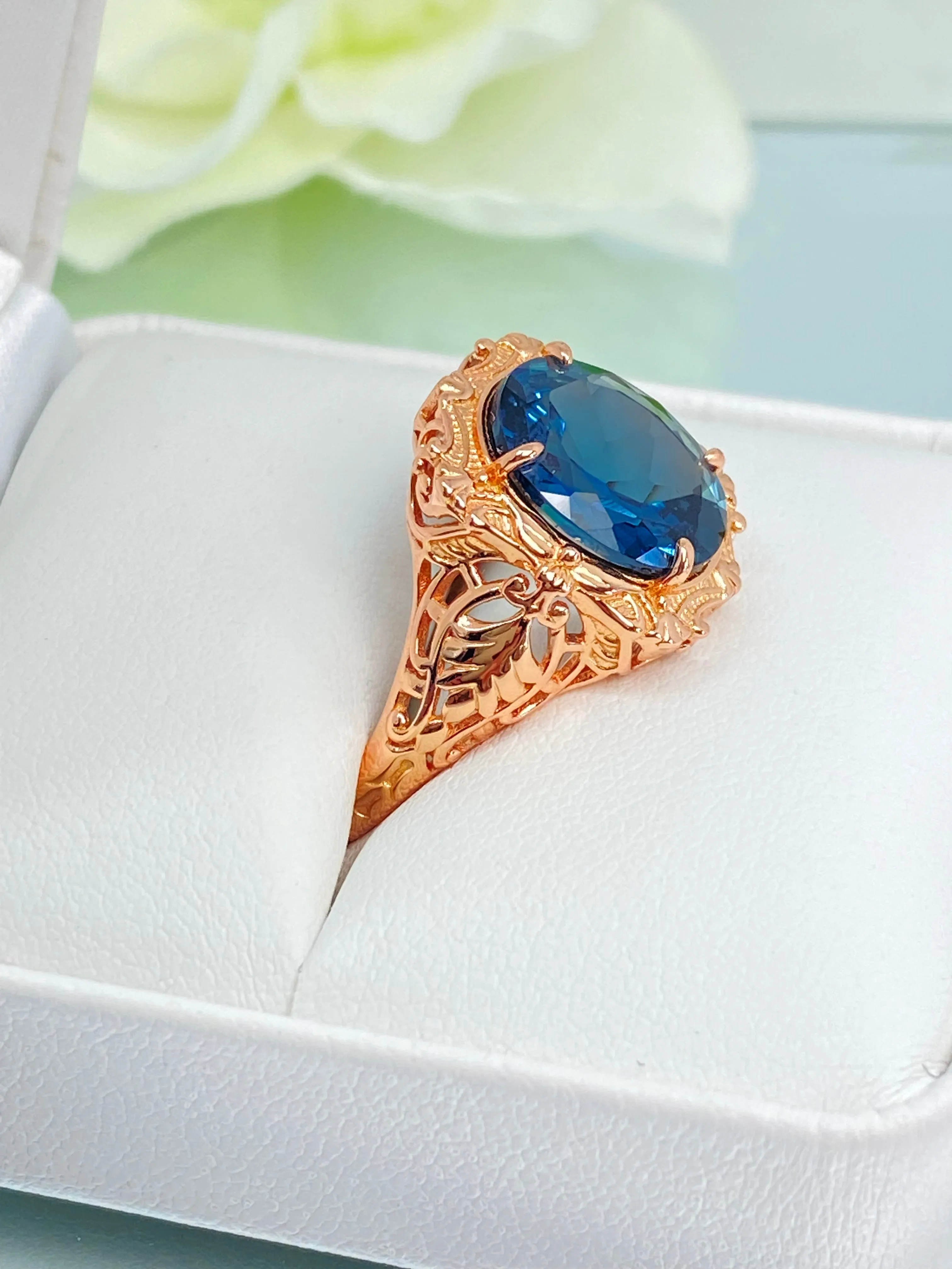 Natural Topaz Ring, Size 10.5 Beauty Ring, London Blue Natural Gemstone, Rose Gold plated Filigree Ring, D229 - Ready to Ship
