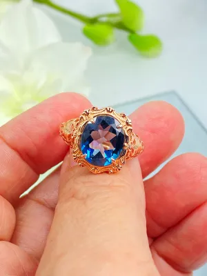 Natural Topaz Ring, Size 10.5 Beauty Ring, London Blue Natural Gemstone, Rose Gold plated Filigree Ring, D229 - Ready to Ship