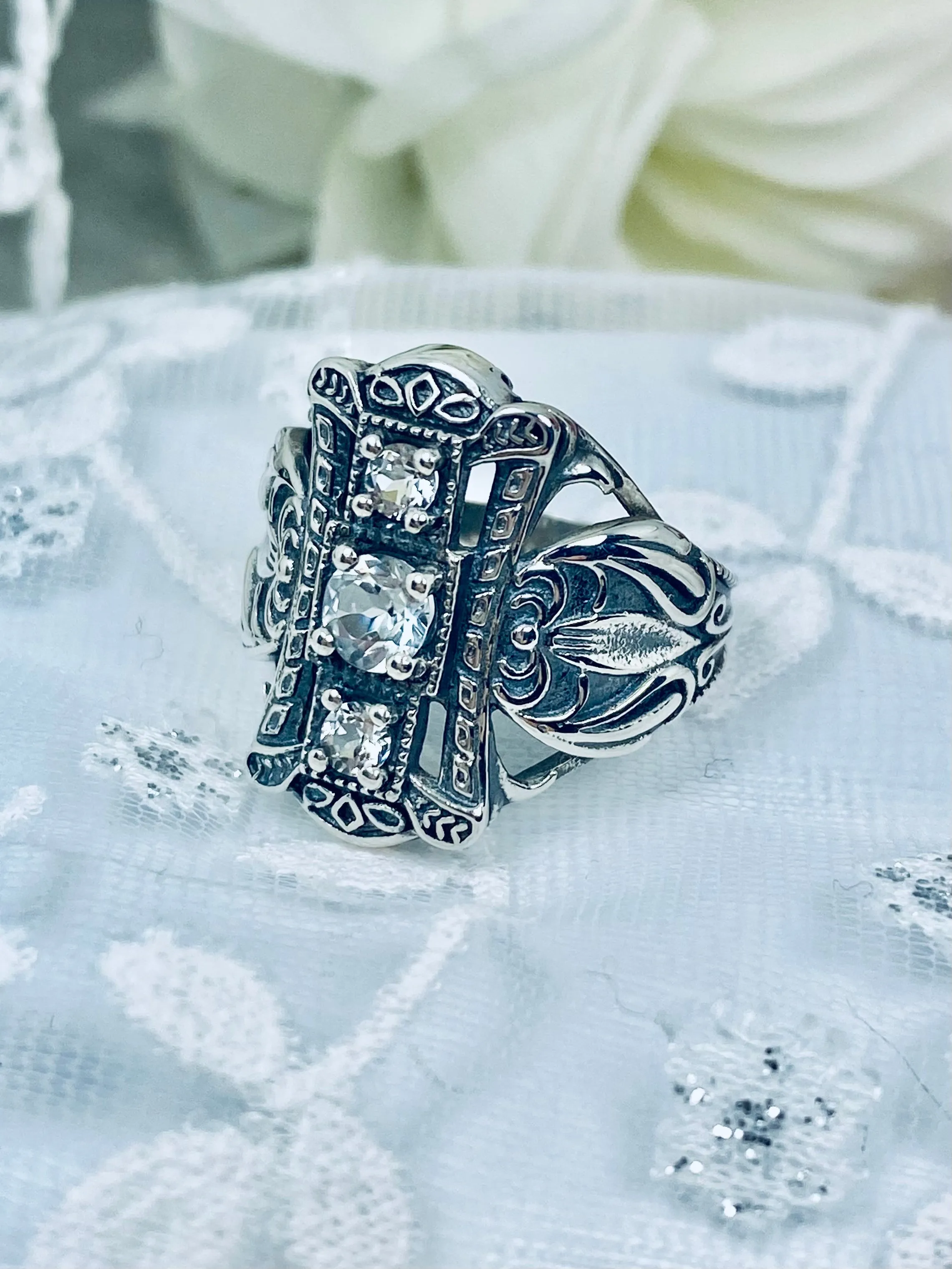 Natural White Topaz Ring, 3-Gem, Silver Edwardian Filigree D63