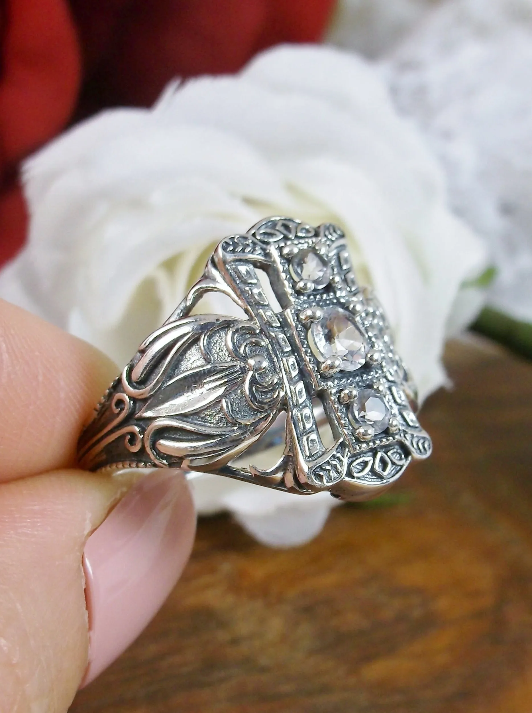 Natural White Topaz Ring, 3-Gem, Silver Edwardian Filigree D63