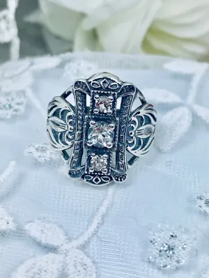 Natural White Topaz Ring, 3-Gem, Silver Edwardian Filigree D63
