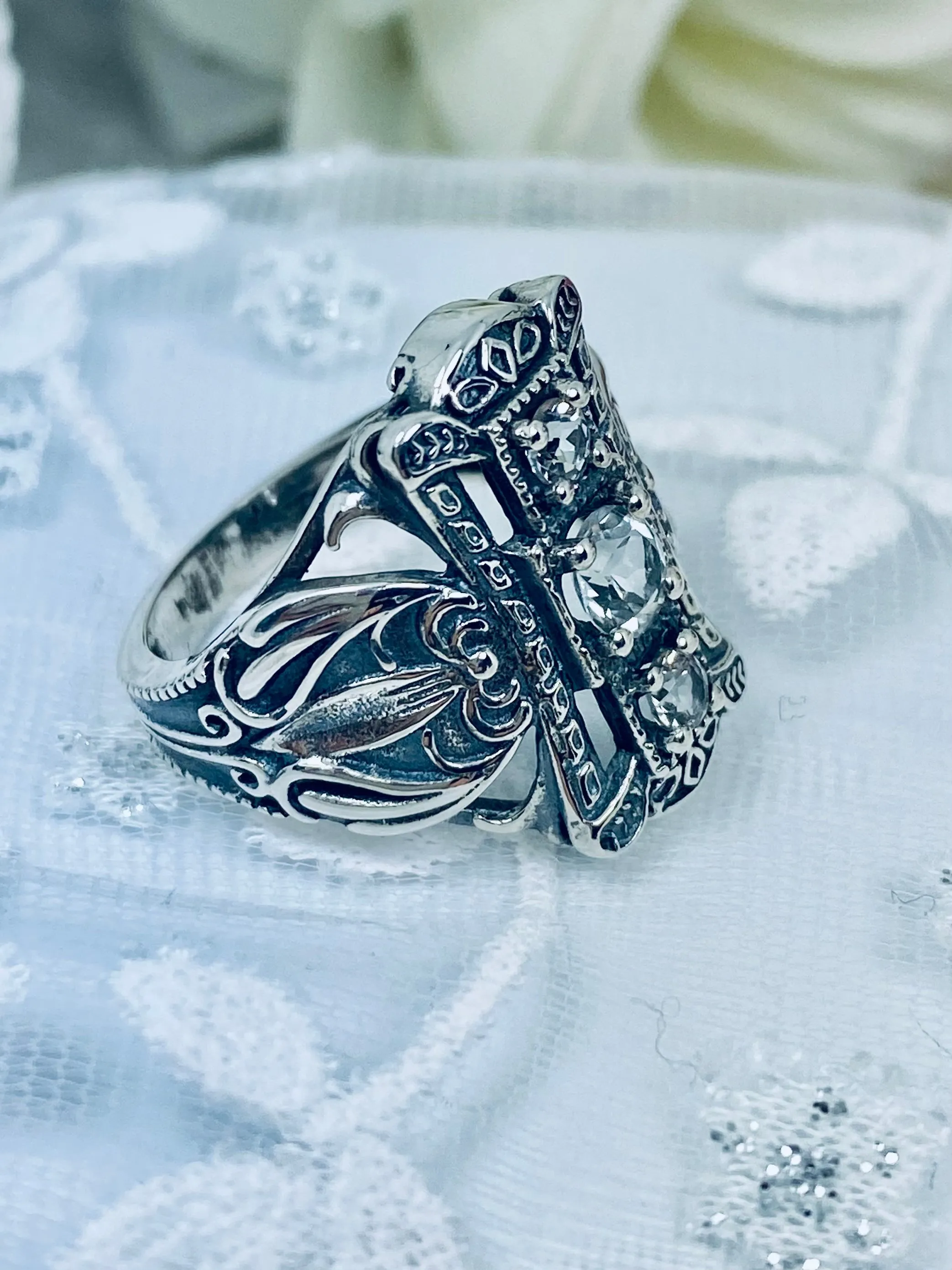 Natural White Topaz Ring, 3-Gem, Silver Edwardian Filigree D63