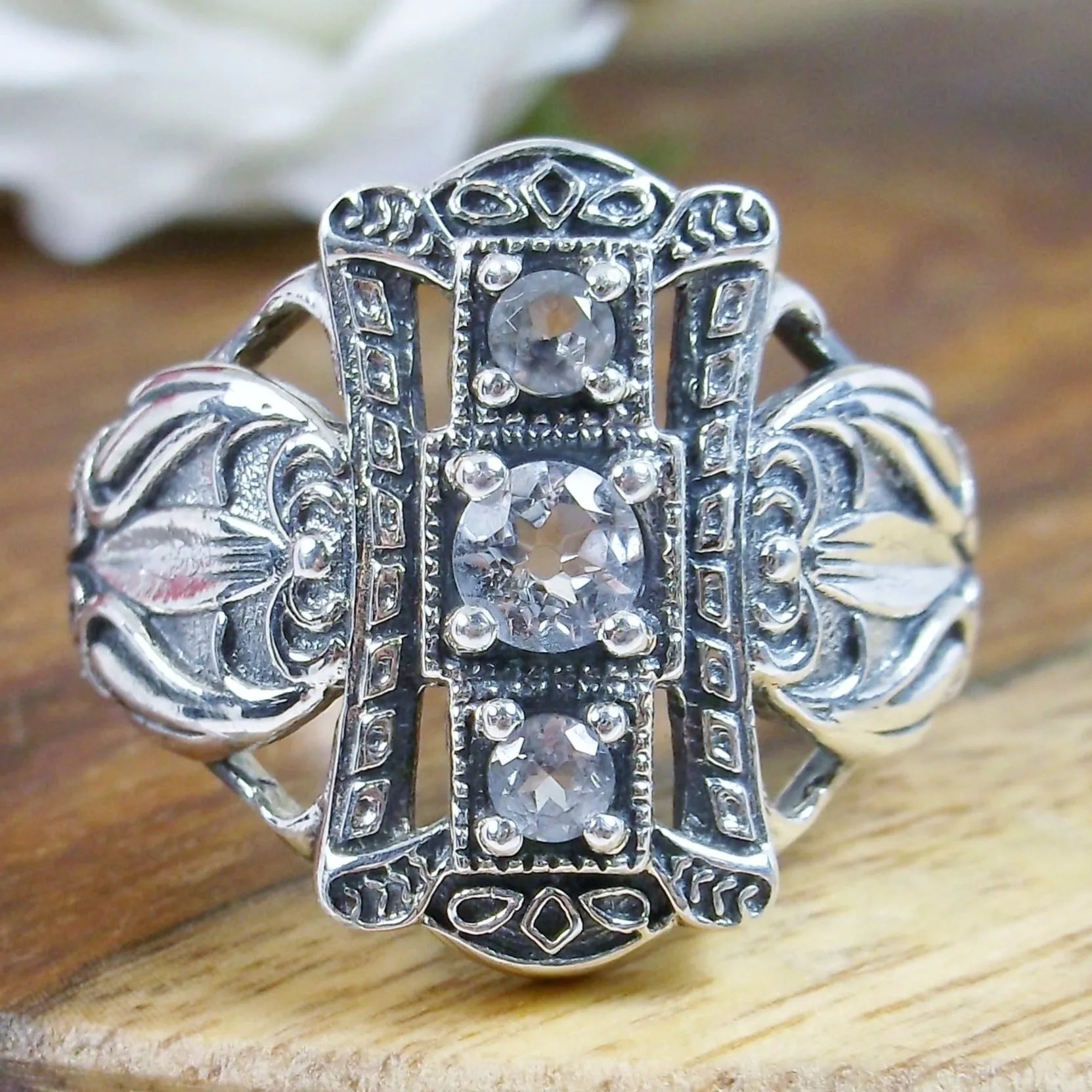 Natural White Topaz Ring, 3-Gem, Silver Edwardian Filigree D63