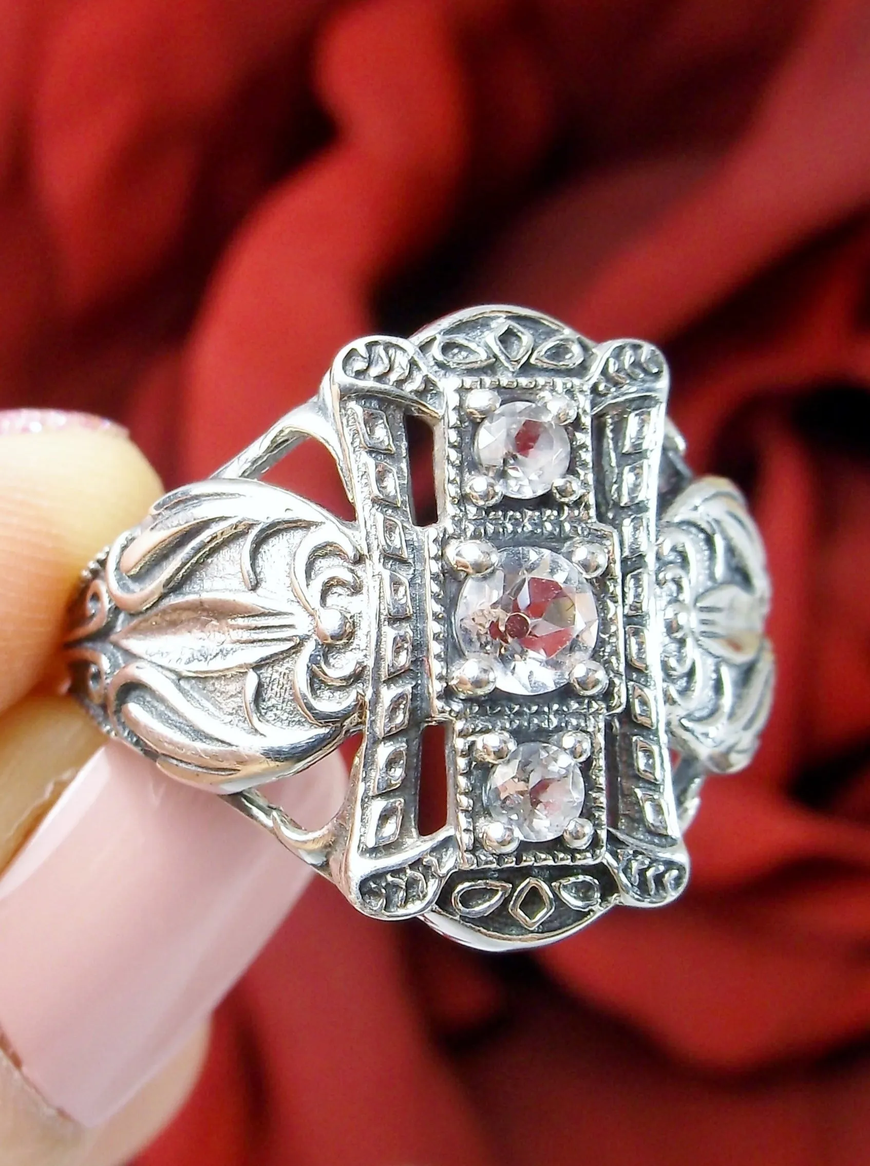 Natural White Topaz Ring, 3-Gem, Silver Edwardian Filigree D63