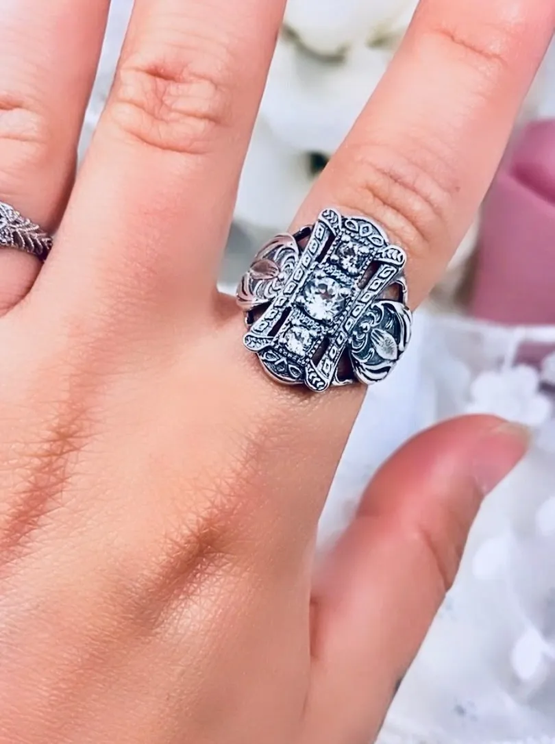 Natural White Topaz Ring, 3-Gem, Silver Edwardian Filigree D63