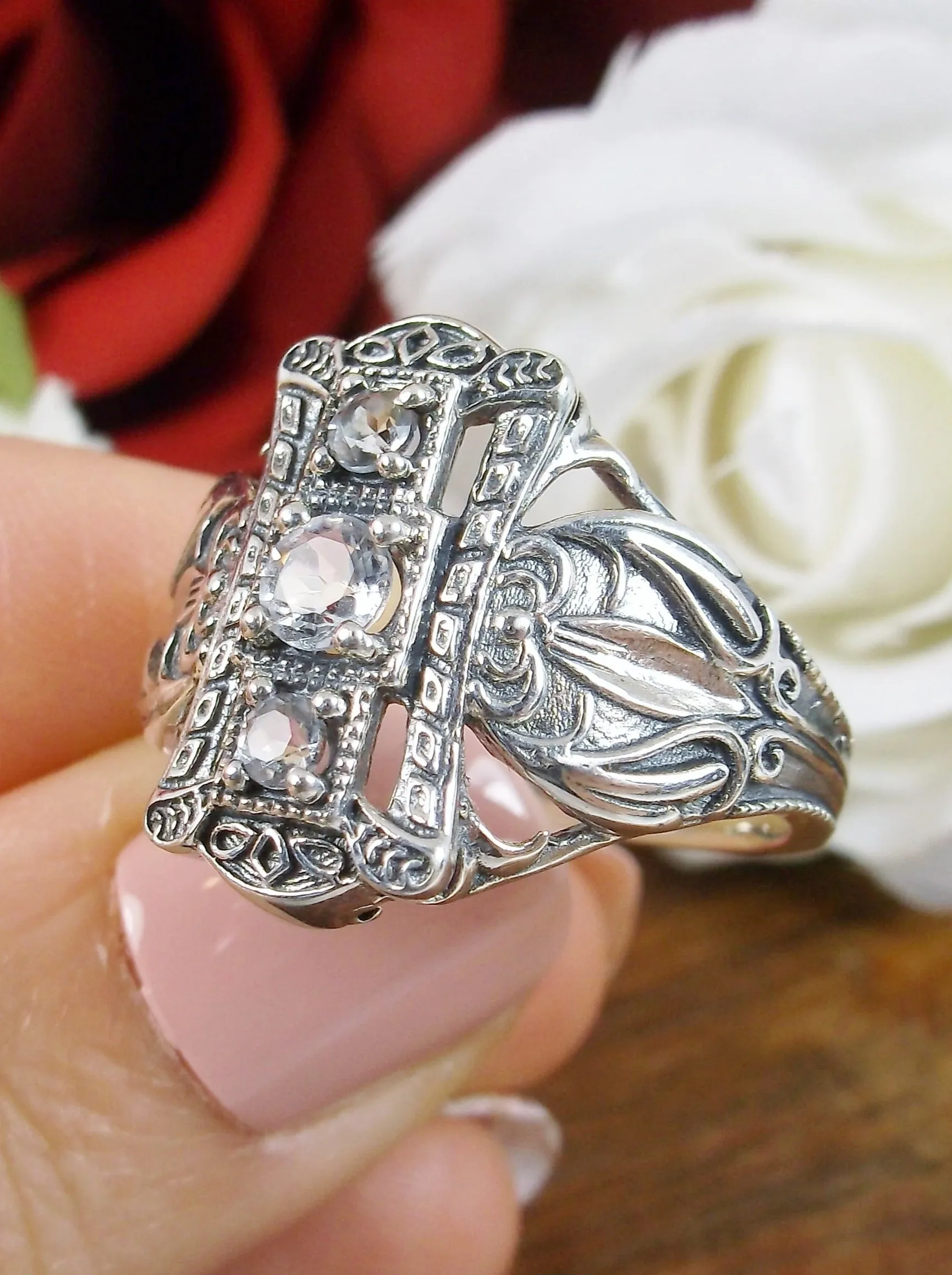 Natural White Topaz Ring, 3-Gem, Silver Edwardian Filigree D63