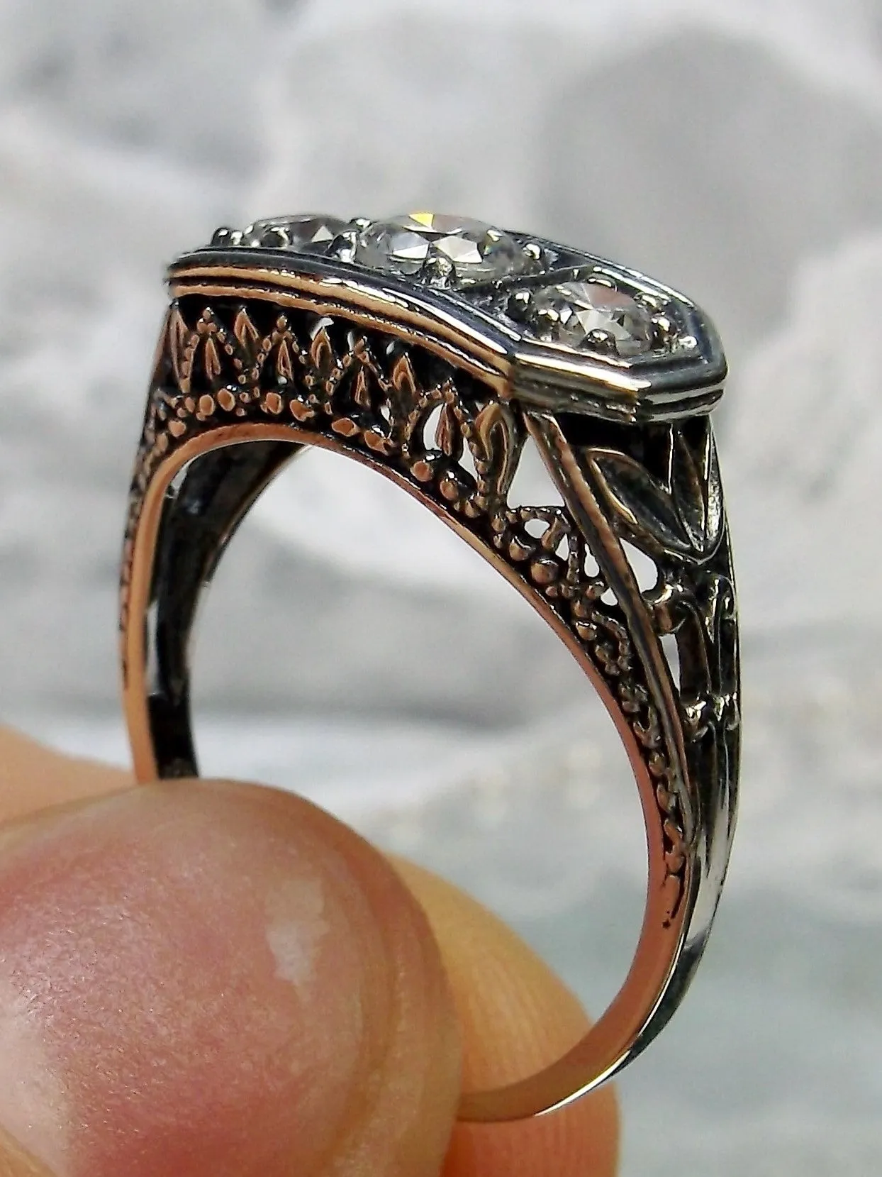Natural White Topaz Ring, Size 8 Ring, Sterling Silver Lily Leaf Filigree, Edwardian Jewelry #D197 - Ready to Ship