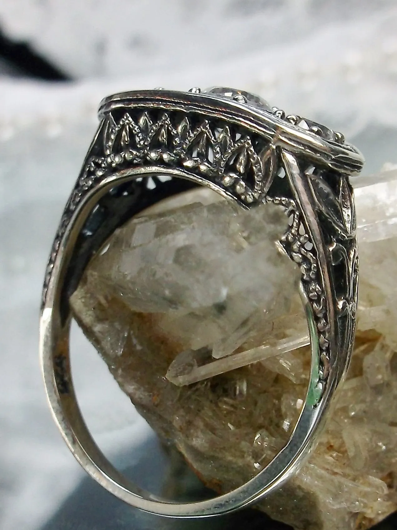 Natural White Topaz Ring, Size 8 Ring, Sterling Silver Lily Leaf Filigree, Edwardian Jewelry #D197 - Ready to Ship