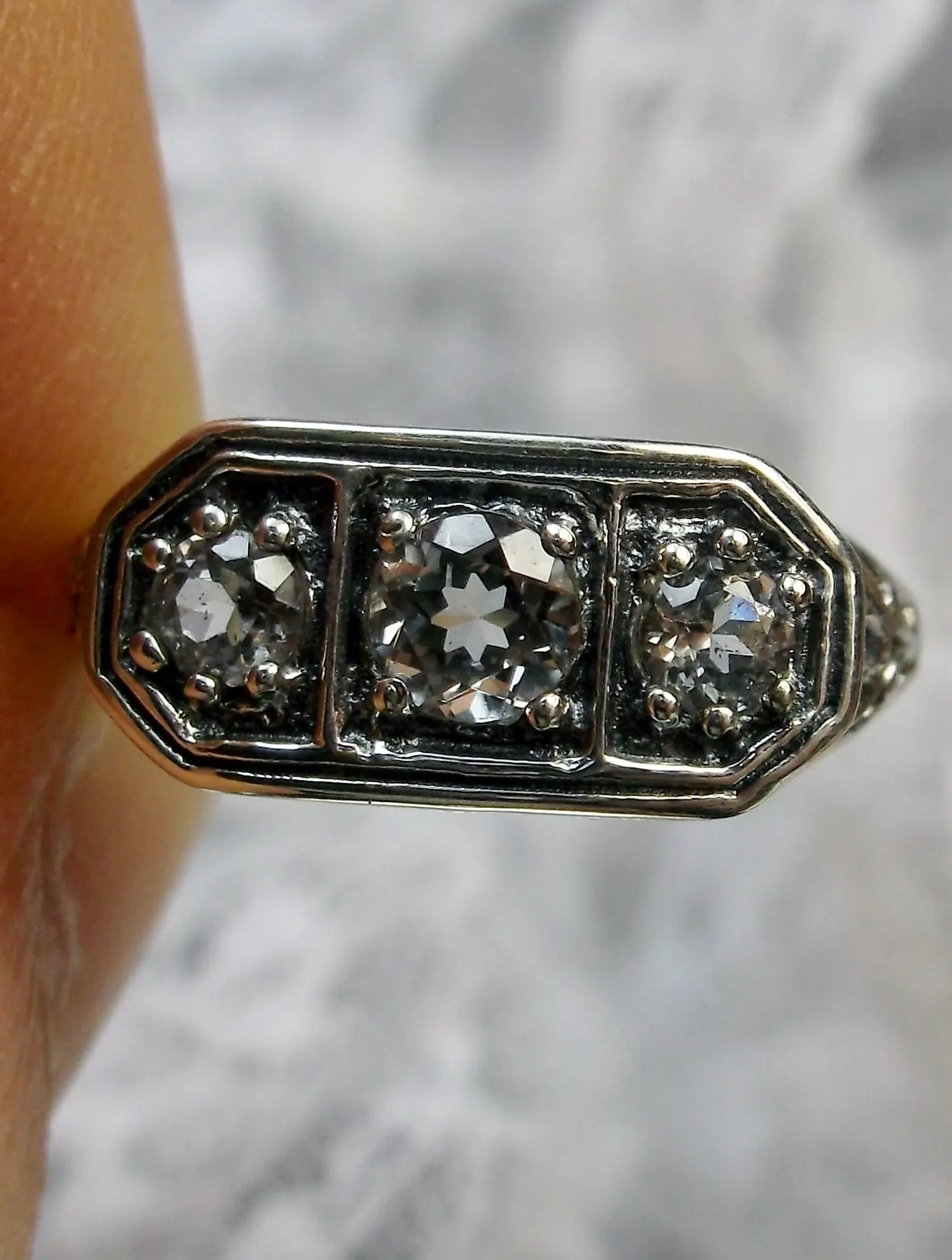 Natural White Topaz Ring, Size 8 Ring, Sterling Silver Lily Leaf Filigree, Edwardian Jewelry #D197 - Ready to Ship