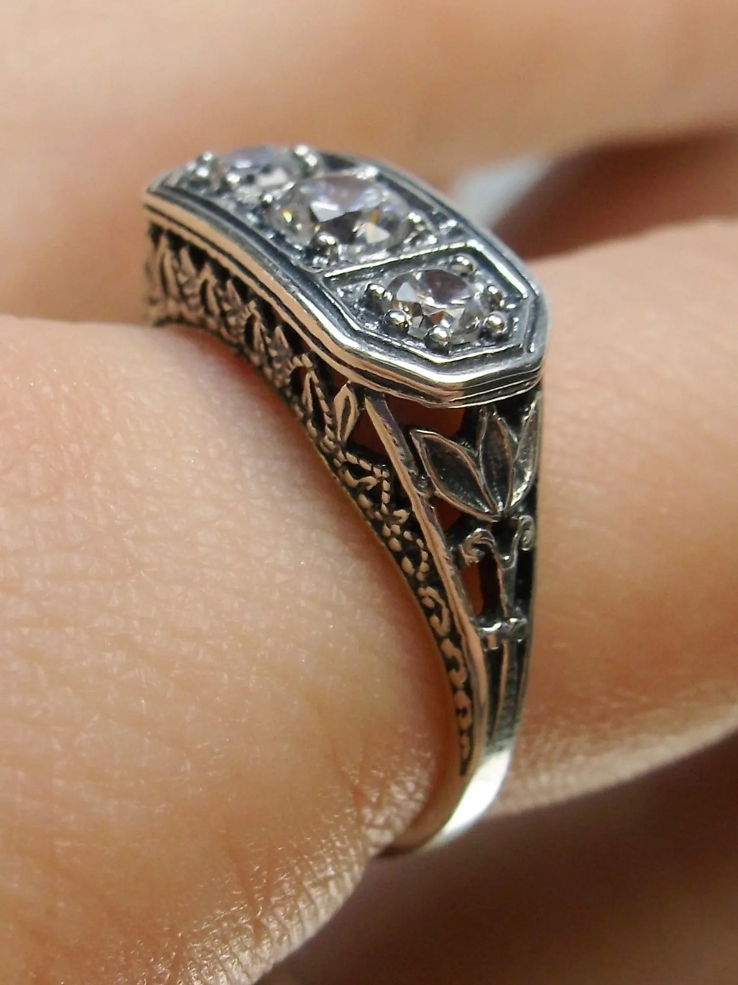 Natural White Topaz Ring, Size 8 Ring, Sterling Silver Lily Leaf Filigree, Edwardian Jewelry #D197 - Ready to Ship