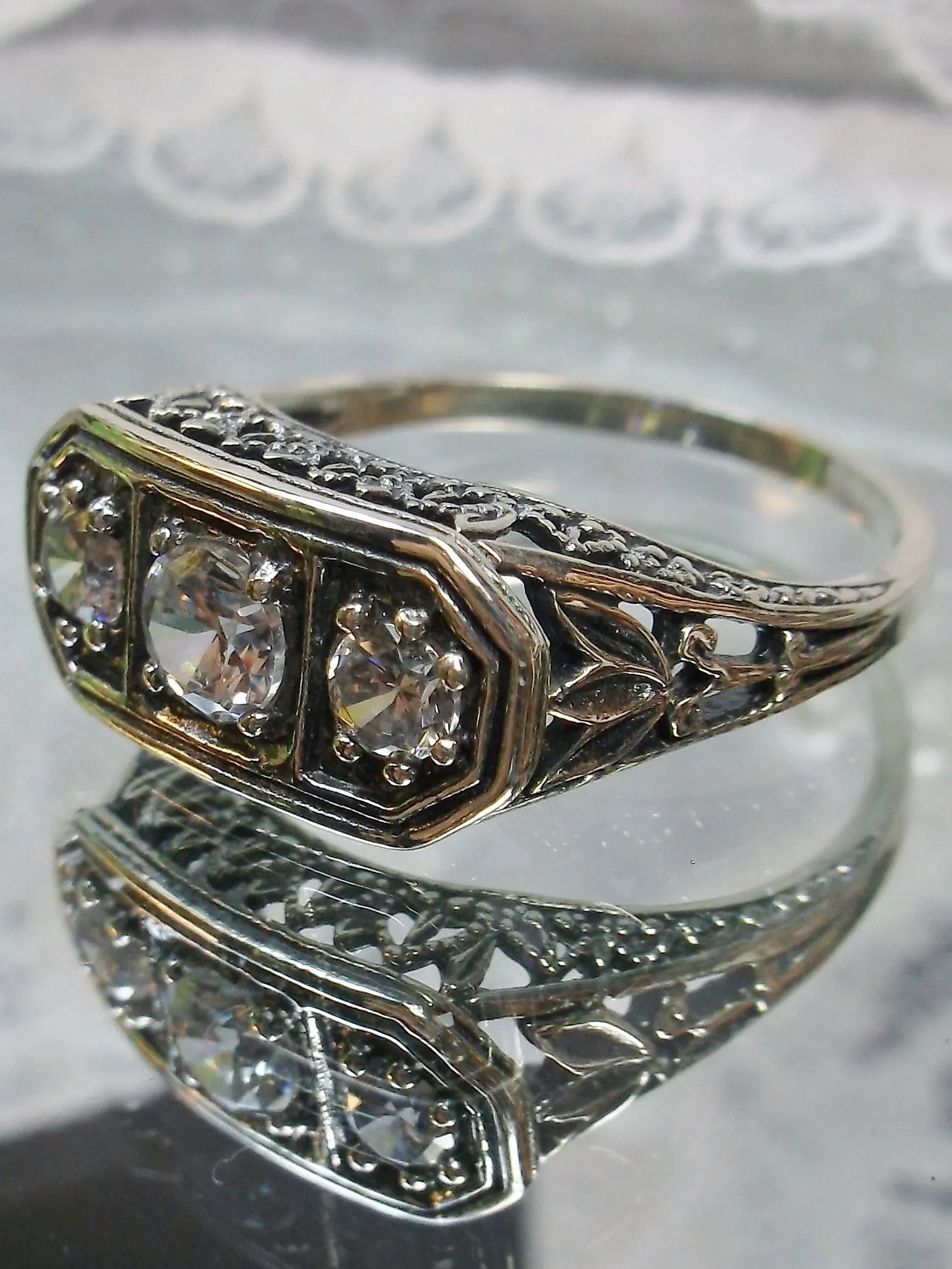 Natural White Topaz Ring, Size 8 Ring, Sterling Silver Lily Leaf Filigree, Edwardian Jewelry #D197 - Ready to Ship