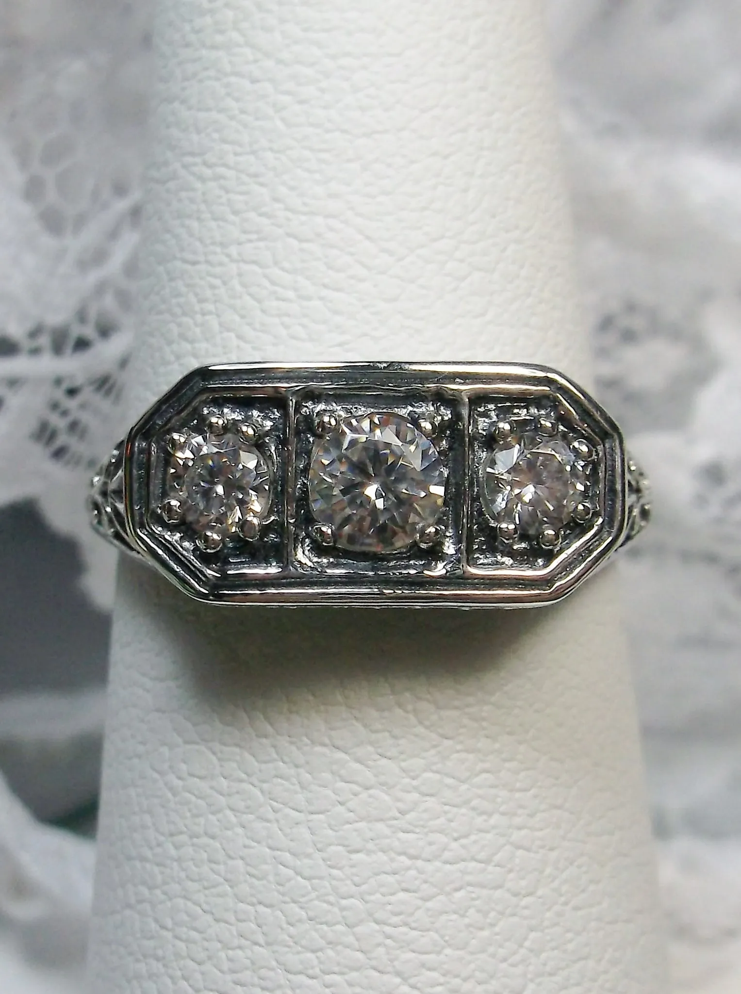 Natural White Topaz Ring, Size 8 Ring, Sterling Silver Lily Leaf Filigree, Edwardian Jewelry #D197 - Ready to Ship