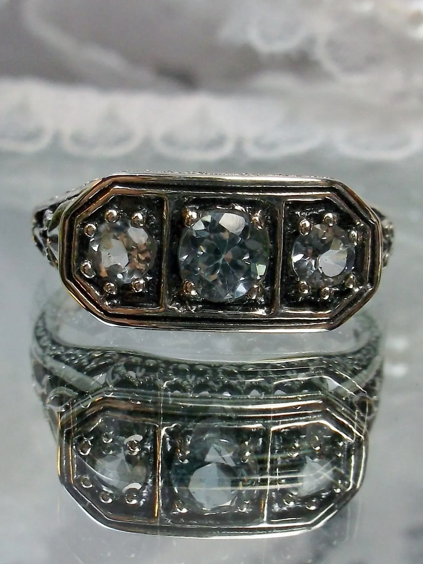Natural White Topaz Ring, Size 8 Ring, Sterling Silver Lily Leaf Filigree, Edwardian Jewelry #D197 - Ready to Ship