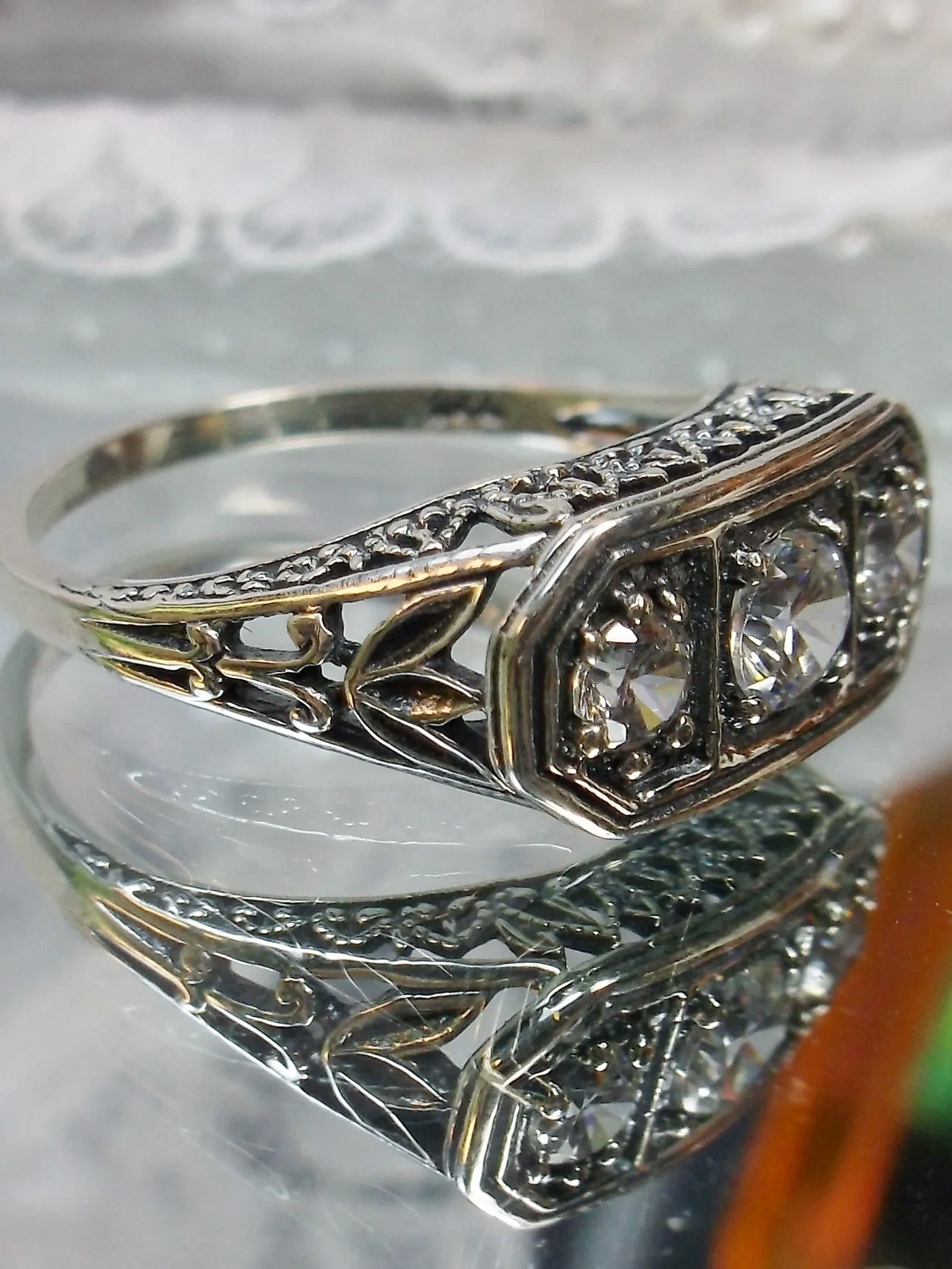 Natural White Topaz Ring, Size 8 Ring, Sterling Silver Lily Leaf Filigree, Edwardian Jewelry #D197 - Ready to Ship