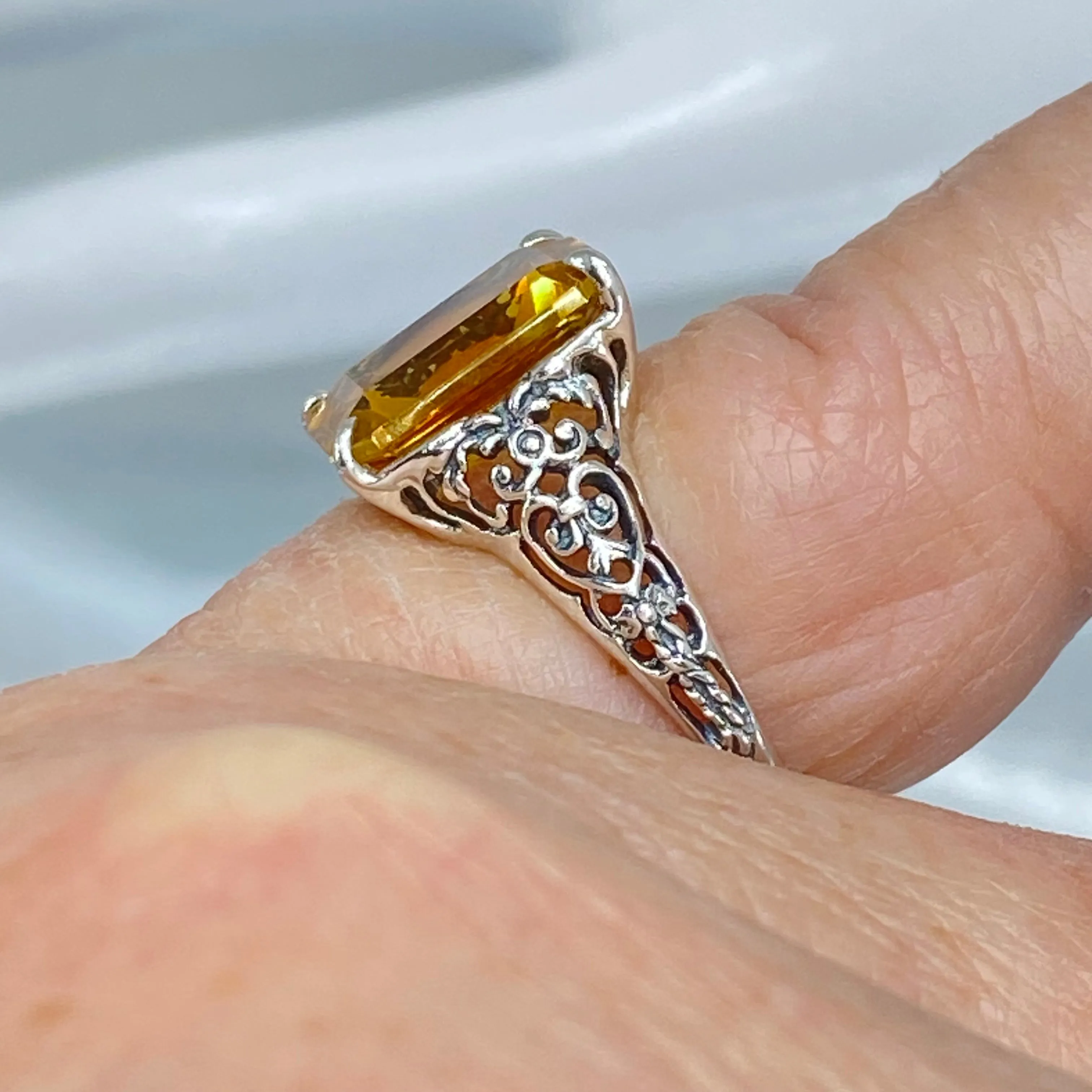 Natural Yellow Citrine Ring, 5ct Rectangle Gem, Vintage Jewelry #D18