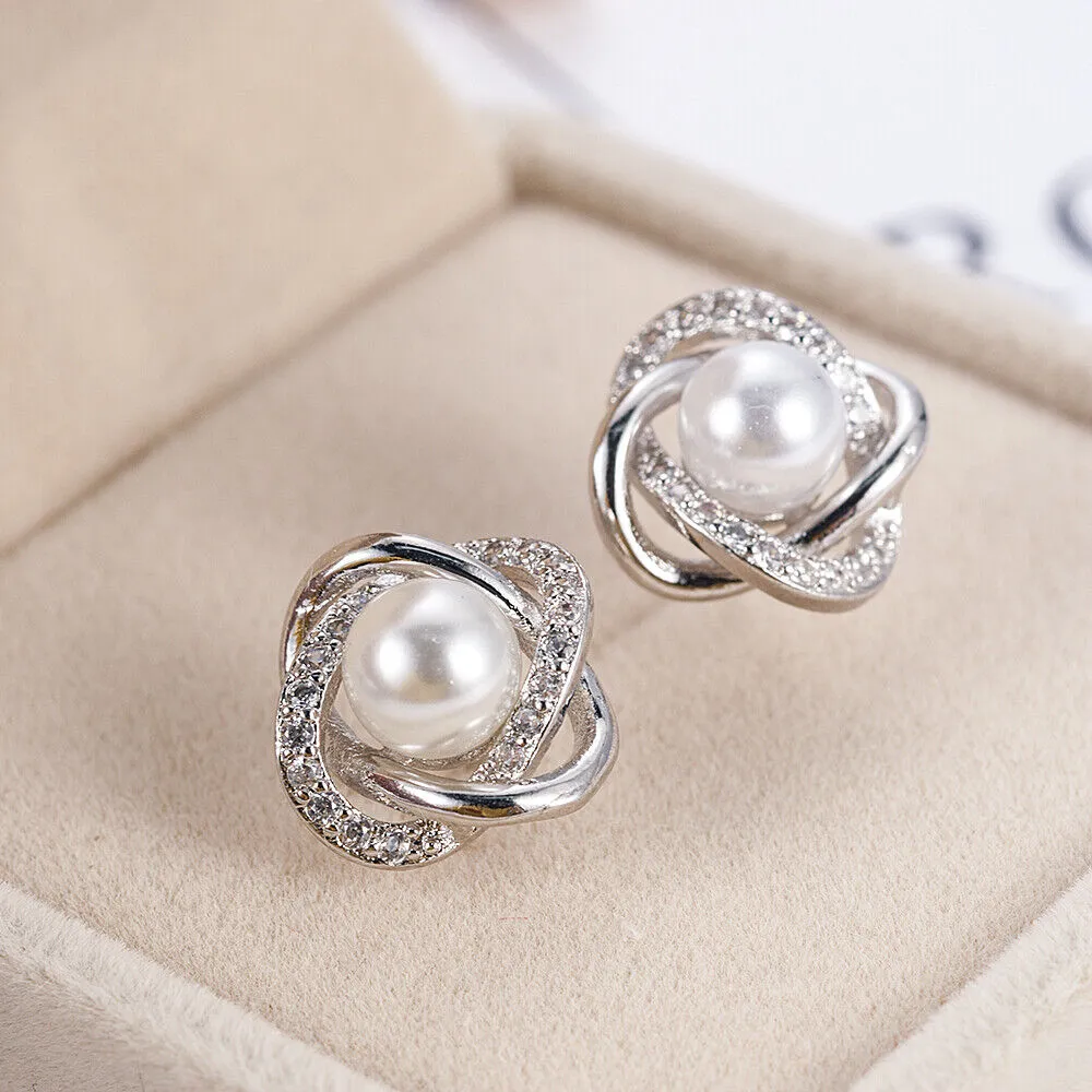 New Elegant Stud Earrings Women 925 Silver Plated Jewelry Cubic Zirconia faux Pearl