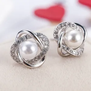 New Elegant Stud Earrings Women 925 Silver Plated Jewelry Cubic Zirconia faux Pearl