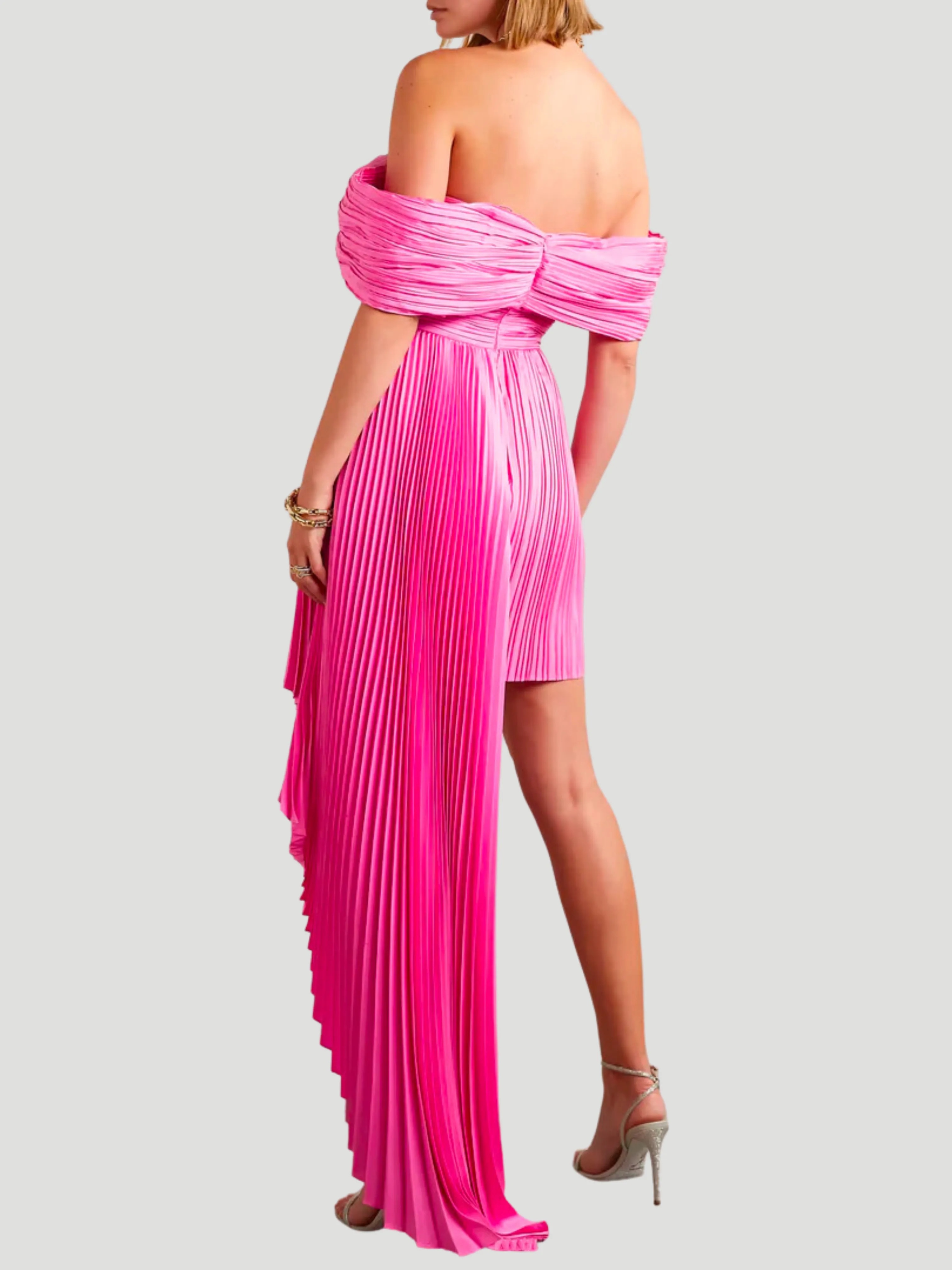 Off-Shoulder Plissé Silk Charmeuse Mini Dress
