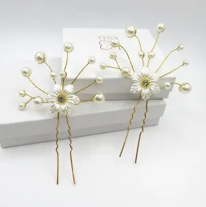 Off White Pearl Flower 2 PC Hairpin Set, Soft Wire Floral Wedding Hair Pins, Bridal Flower Hairpiece