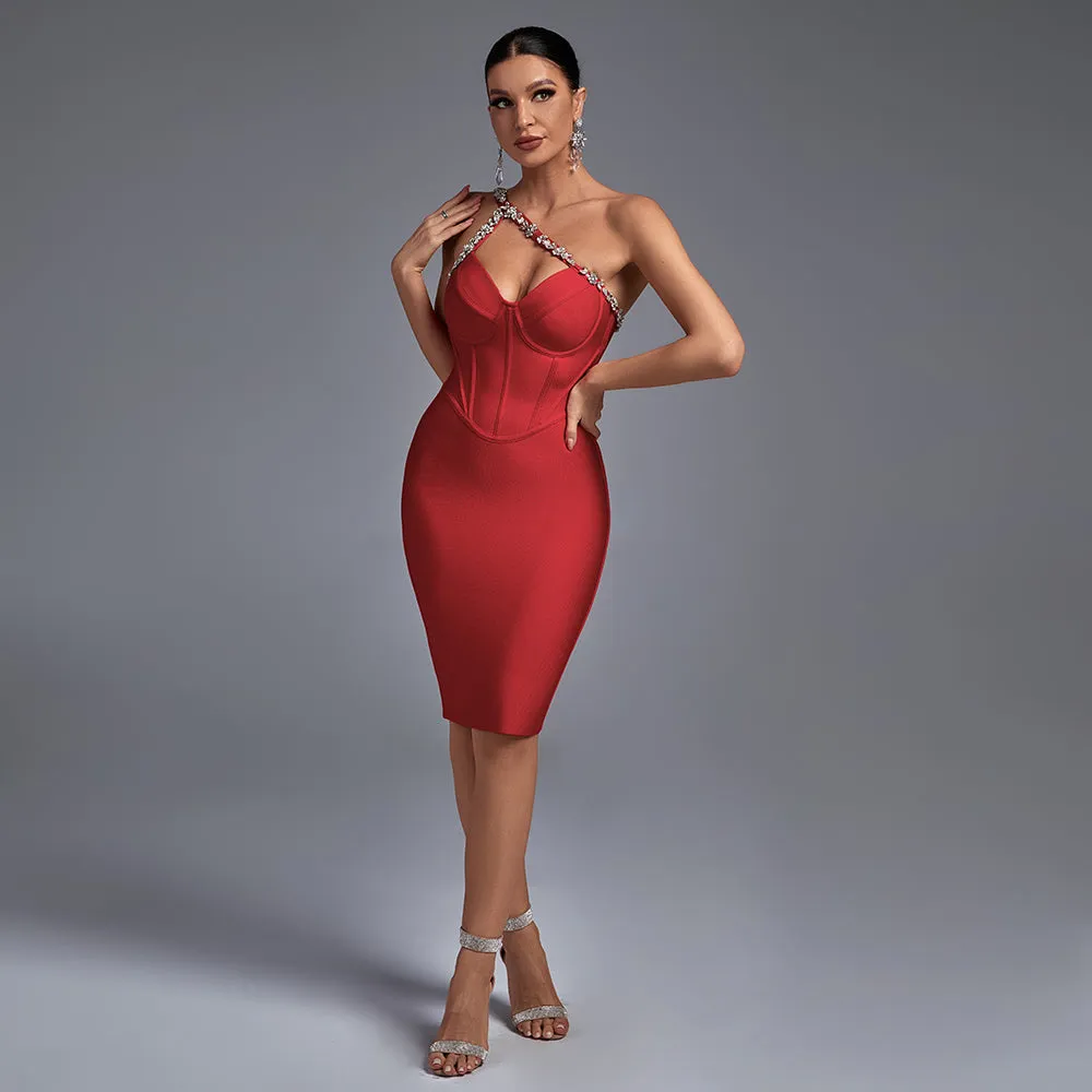 One Shoulder Rhinestone Mini Bandage Dress