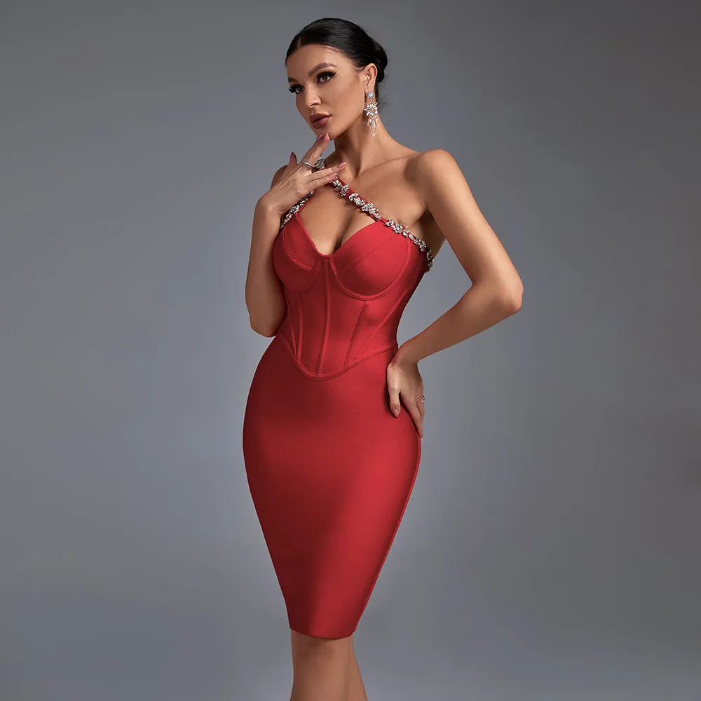 One Shoulder Rhinestone Mini Bandage Dress