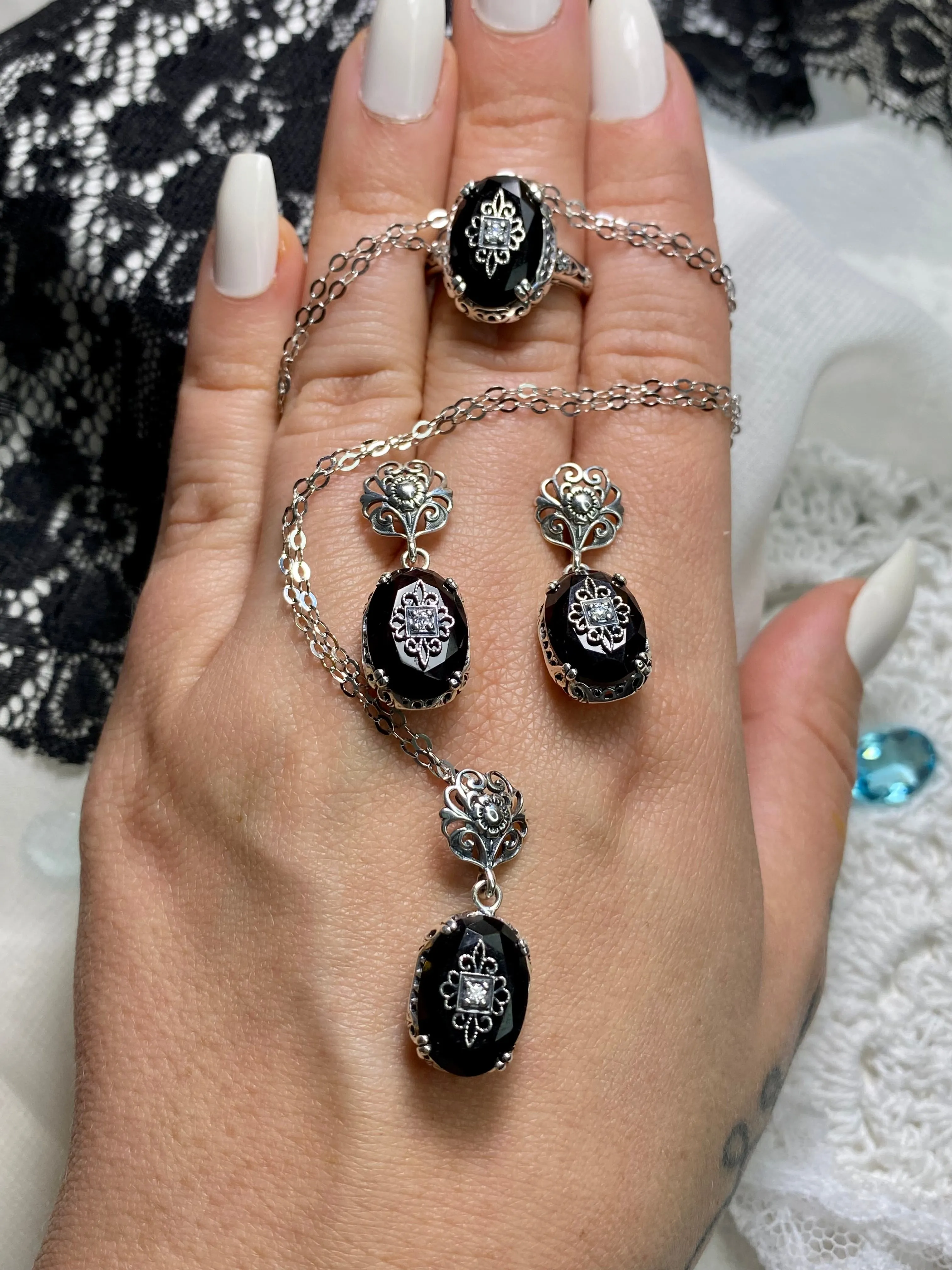 Onyx Ring or Save 15% on Jewelry Set, Sterling Silver Embellishment, Edwardian Jewelry #D70e