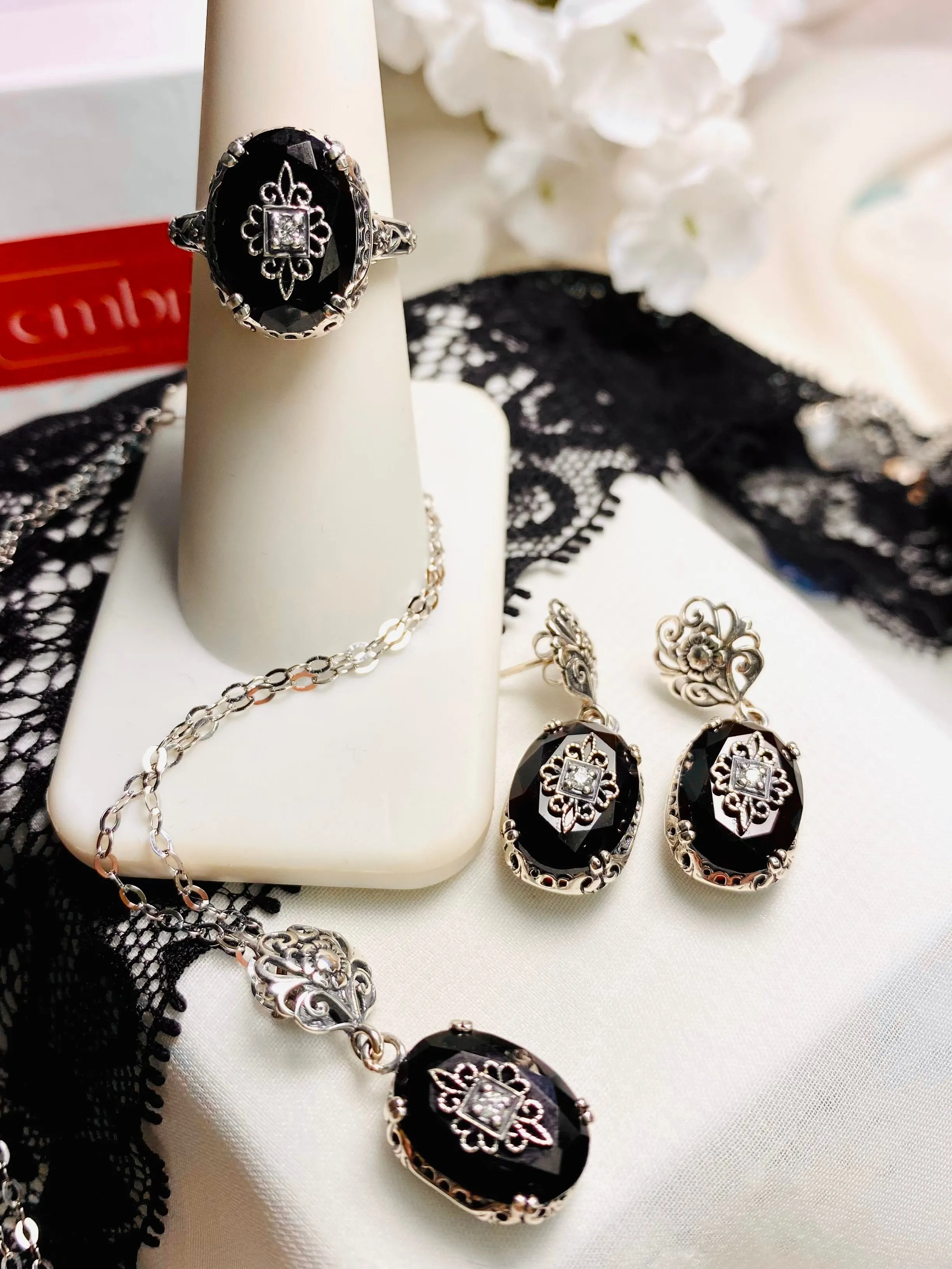 Onyx Ring or Save 15% on Jewelry Set, Sterling Silver Embellishment, Edwardian Jewelry #D70e
