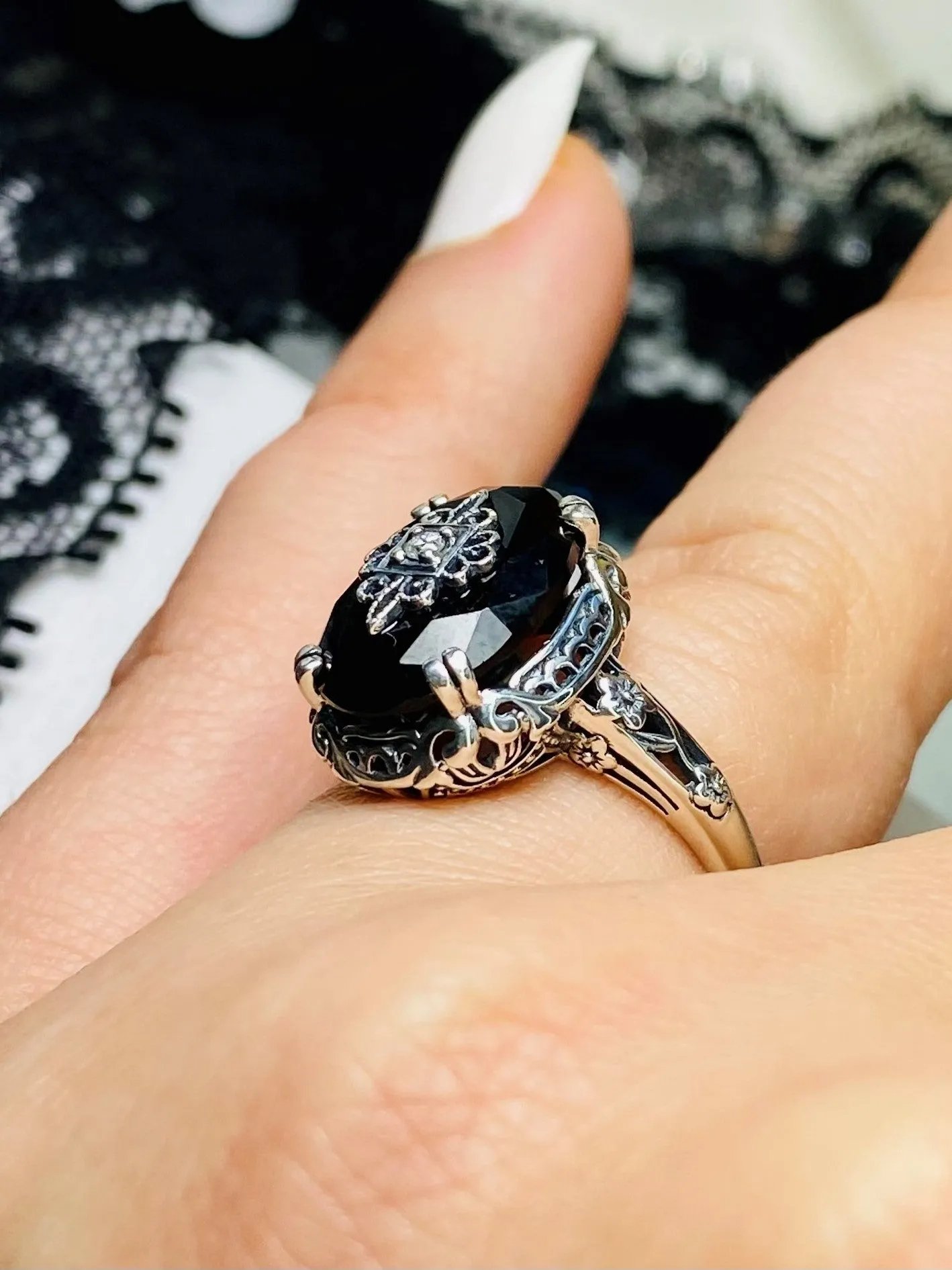 Onyx Ring or Save 15% on Jewelry Set, Sterling Silver Embellishment, Edwardian Jewelry #D70e
