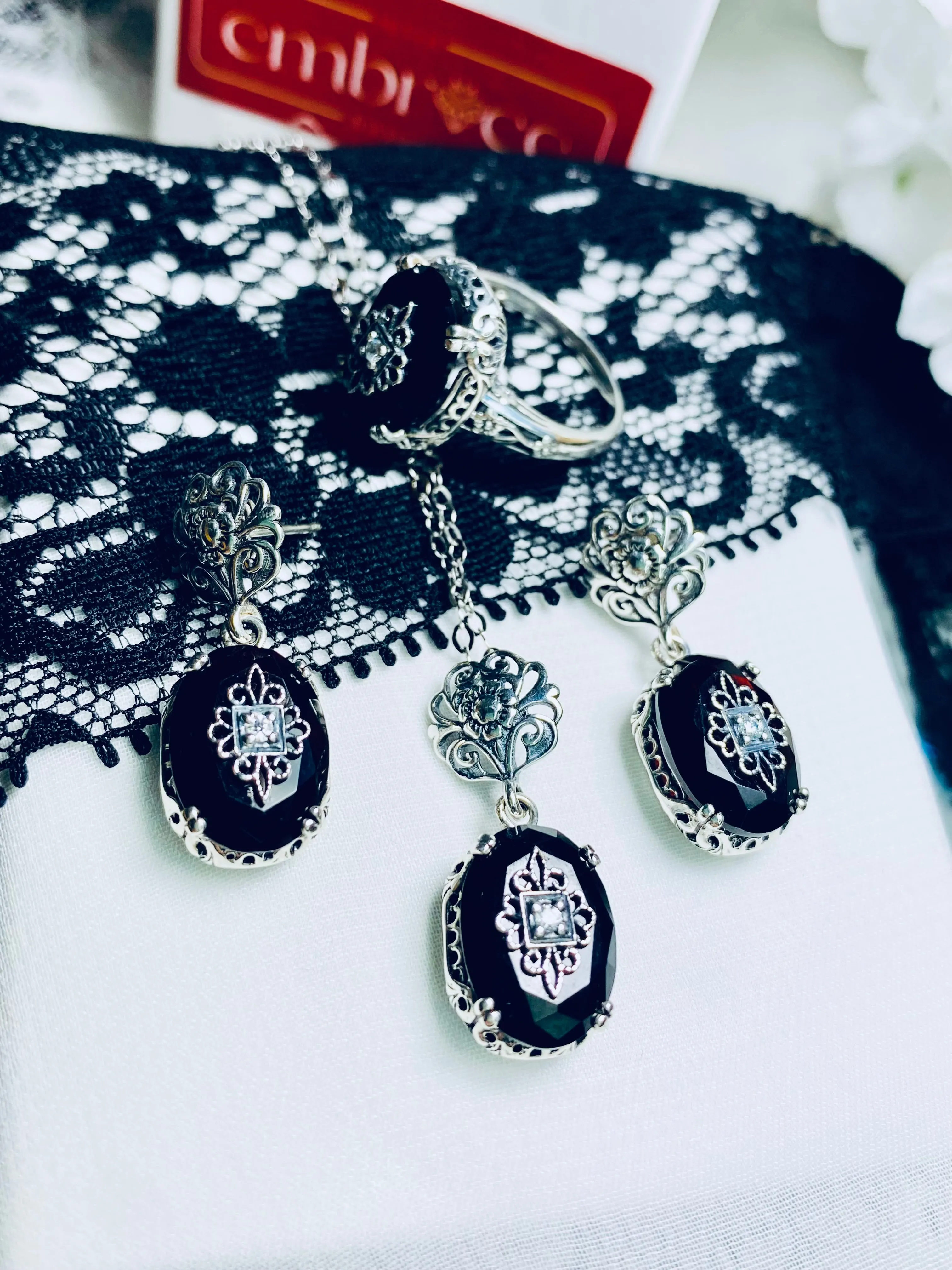 Onyx Ring or Save 15% on Jewelry Set, Sterling Silver Embellishment, Edwardian Jewelry #D70e