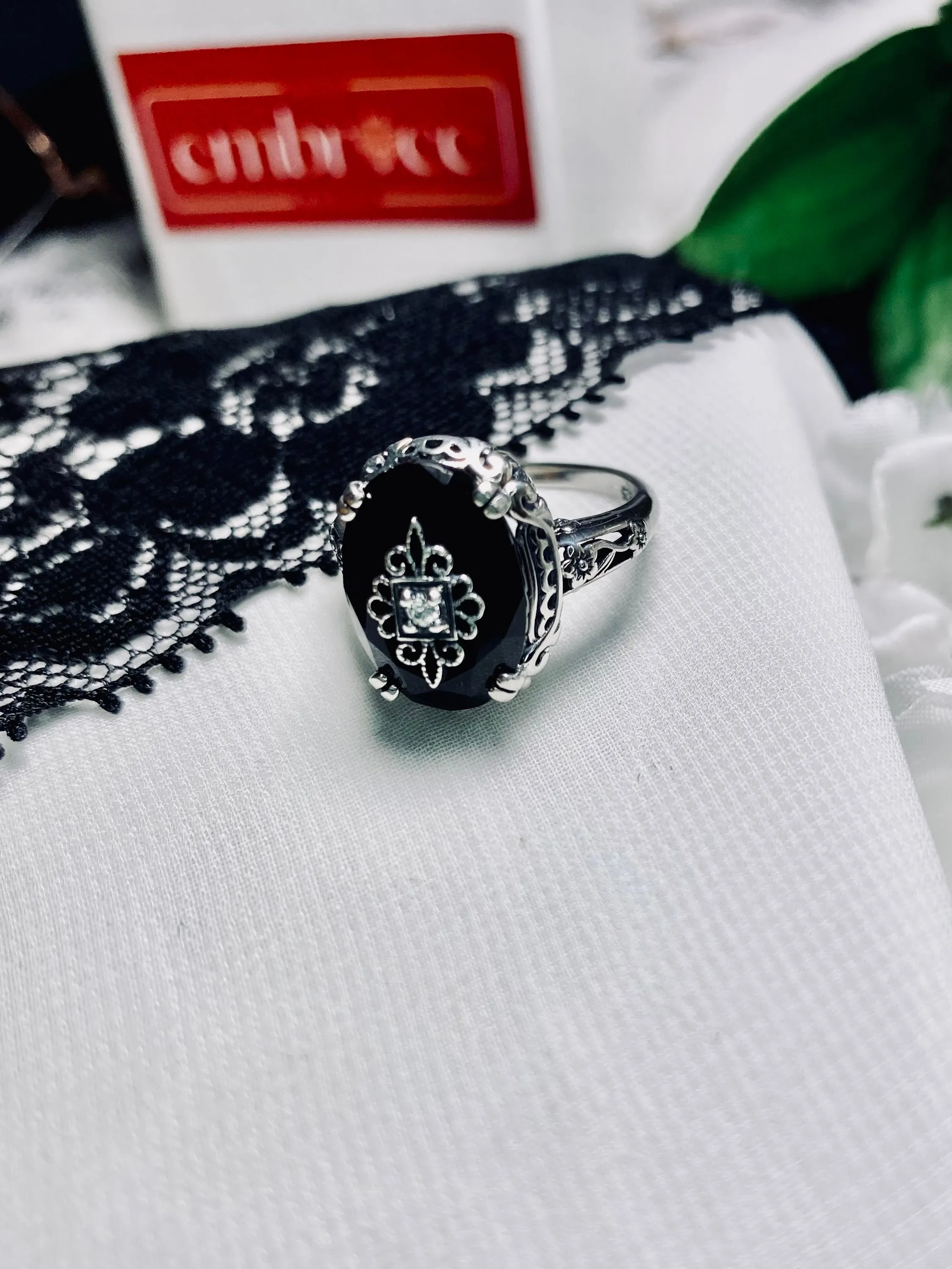 Onyx Ring or Save 15% on Jewelry Set, Sterling Silver Embellishment, Edwardian Jewelry #D70e