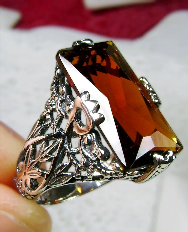 Orange Cognac Citrine Ring, Baguette Intaglio, Victorian Jewelry #D31