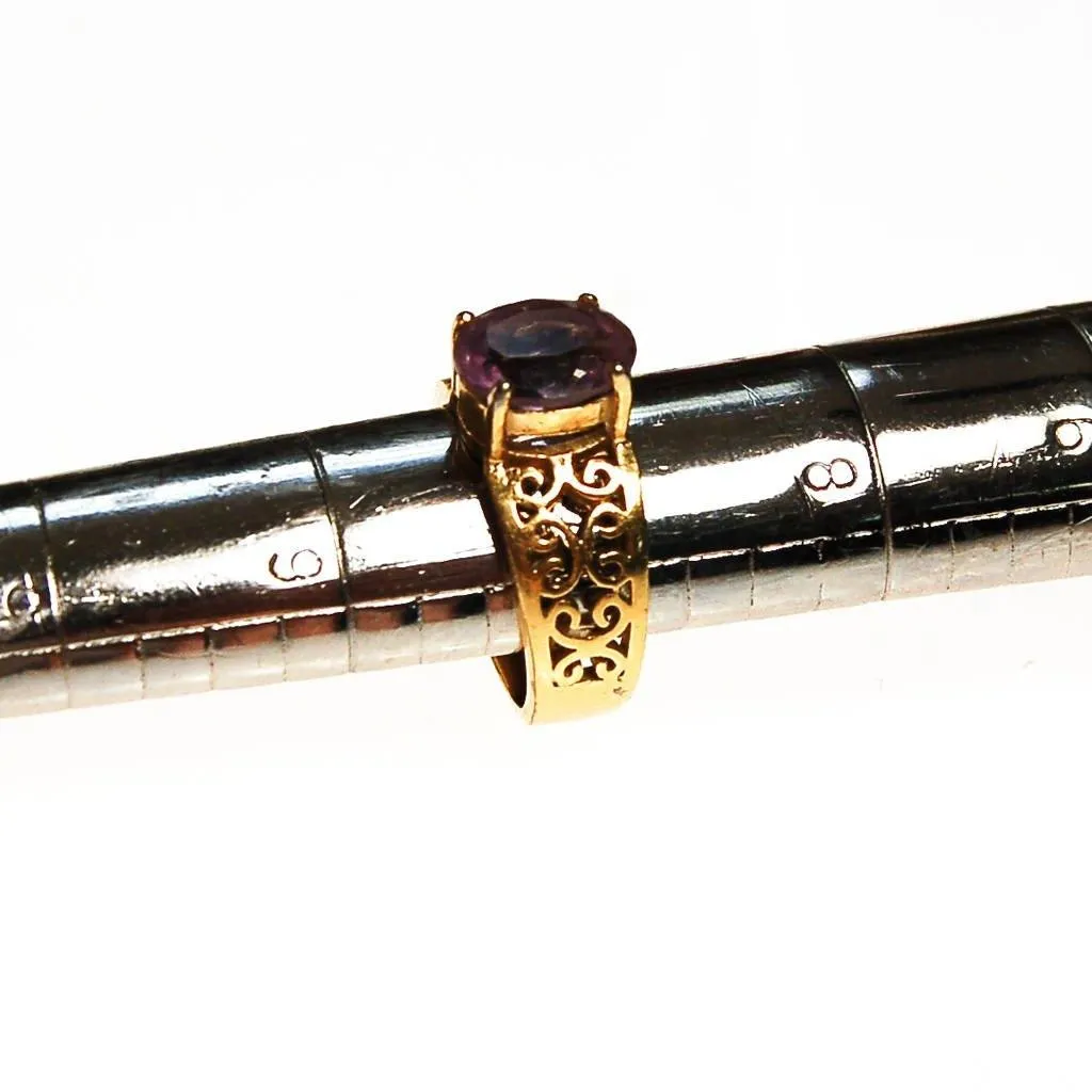 Oval Amethyst Ring, 18kt Gold Plated Band, Filigree Detail