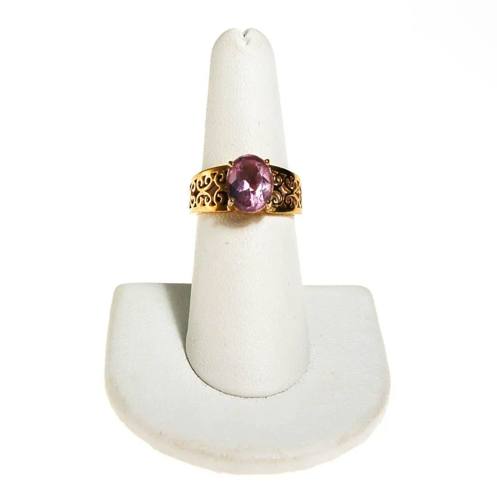 Oval Amethyst Ring, 18kt Gold Plated Band, Filigree Detail