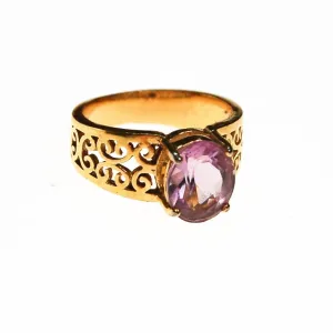 Oval Amethyst Ring, 18kt Gold Plated Band, Filigree Detail