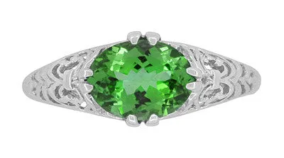 Oval Tsavorite Garnet Edwardian Filigree Engagement Ring in 14 Karat White Gold