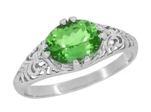Oval Tsavorite Garnet Edwardian Filigree Engagement Ring in 14 Karat White Gold