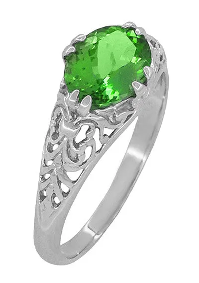 Oval Tsavorite Garnet Edwardian Filigree Engagement Ring in 14 Karat White Gold