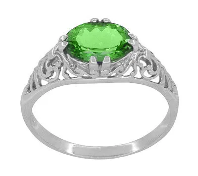 Oval Tsavorite Garnet Edwardian Filigree Engagement Ring in 14 Karat White Gold
