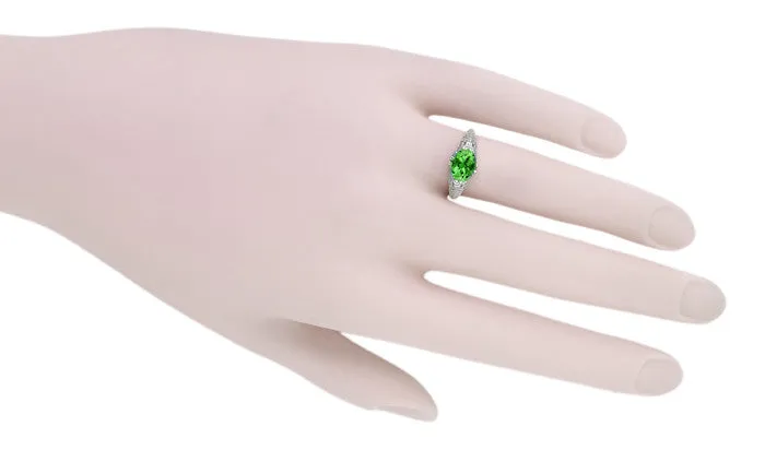 Oval Tsavorite Garnet Edwardian Filigree Engagement Ring in 14 Karat White Gold