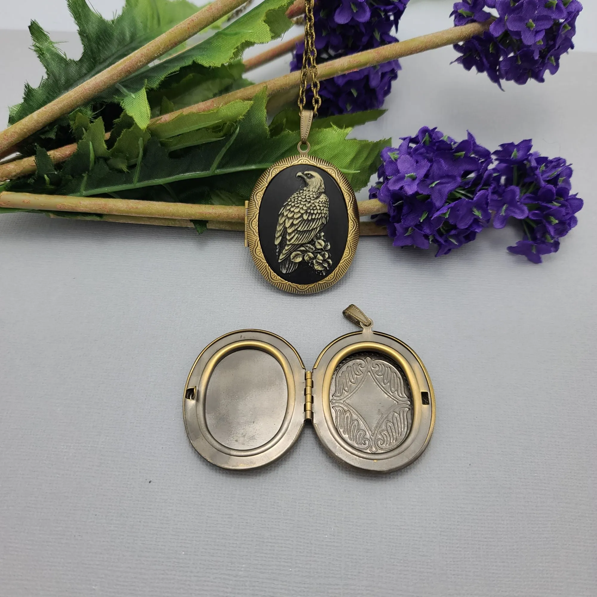 Ox Brass Oval Antiqued Eagle Cameo Locket Necklace  Jewelry