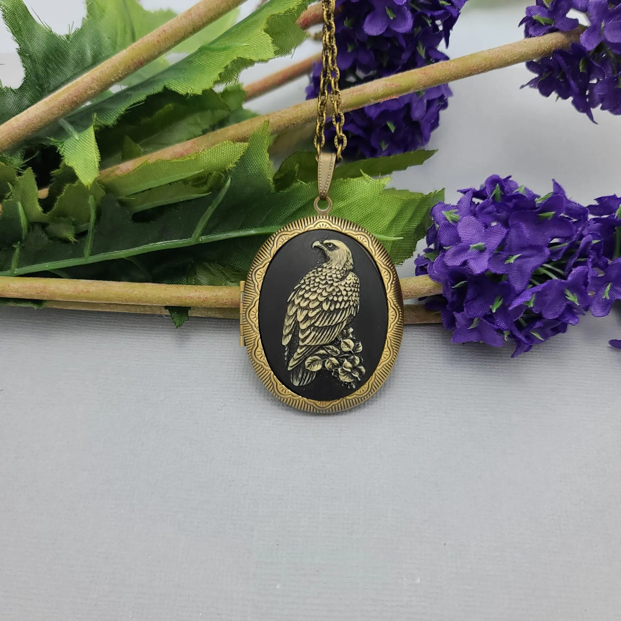 Ox Brass Oval Antiqued Eagle Cameo Locket Necklace  Jewelry