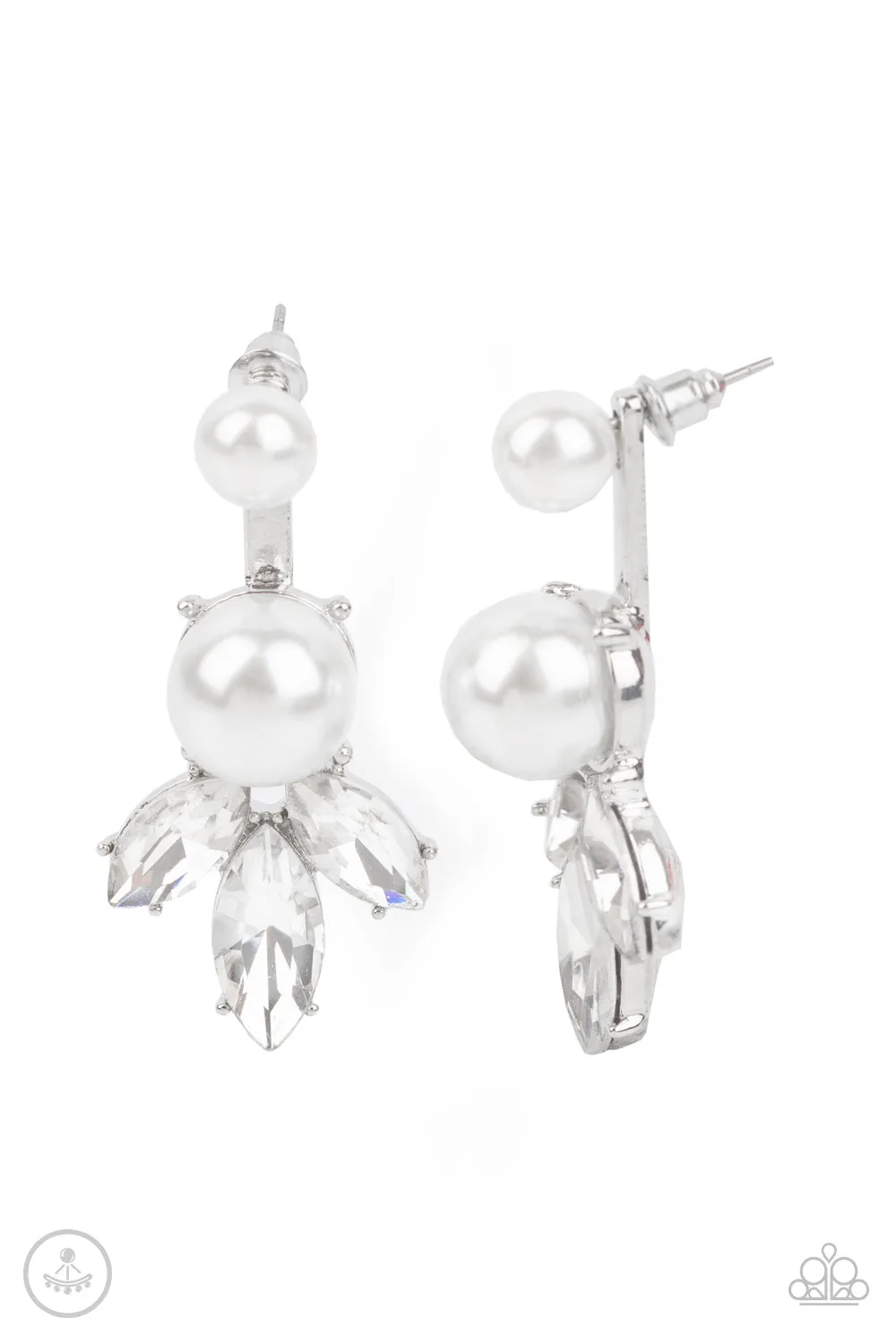 Paparazzi " Extra Elite " Silver Metal White Pearl & Clear Rhinestone Ear Jacket Earrings