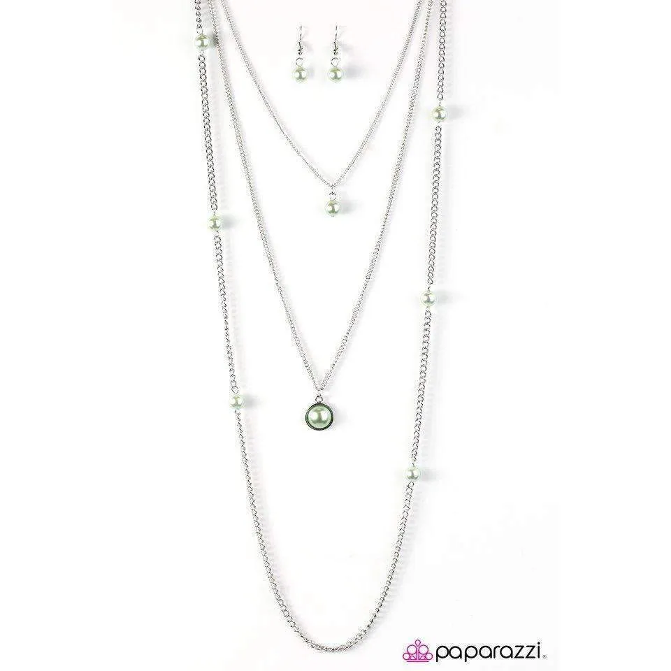 Paparazzi Runway Shine Green Faux Pearls Necklace & Earring Set