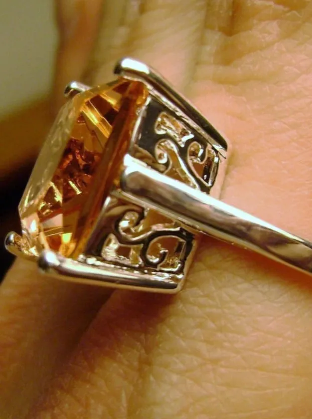 Peach Topaz Art Deco Ring, 12ct Big Square Gem, Vintage Jewelry Design#D45