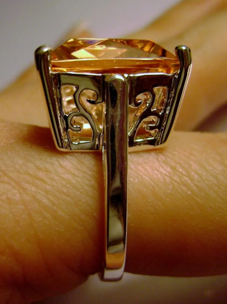 Peach Topaz Art Deco Ring, 12ct Big Square Gem, Vintage Jewelry Design#D45